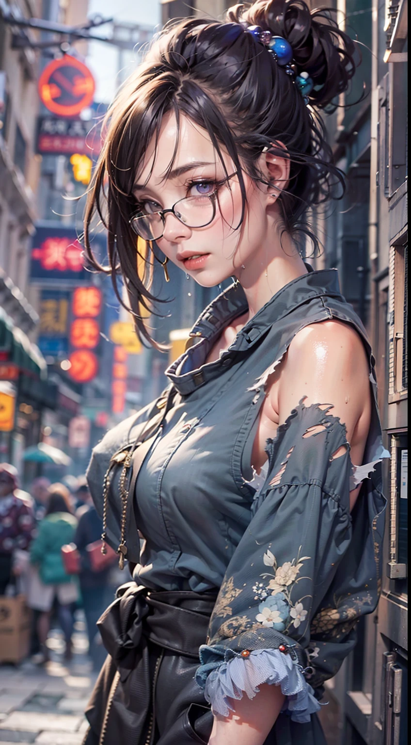 A Japanese woman walking in the city,Buildings,A plant,ssmile,Mixed Korean,The background is blurred out,focal,电影灯光,(((tmasterpiece))), ((best qualtiy)), ((Complex and detailed)), ((ultra-realistic realism)), Ridiculous resolution, A MILF, Mature woman, ssee-through, highly detailed, illustratio, 1girll, (huge tit), Thin waist and thick hips,long leges,beatiful detailed eyes, short detailed hair, brunette color hair, a purple eye, (Ragged outfits:1.2),Tattered shirt,Tear clothes,Ragged costumes everywhere,The barefoot,Scruffy body,The whole body is dirty,Get wet all over your body,torn outfit,Hole costume,hobo,(torn laundry:1.5), (wetclothes:1.4), Real rain,Wet hair,(No underwear),pantiess, detailed back ground, perfect eyes, Seductive eye, looking at viewert, From the front,Wear light,