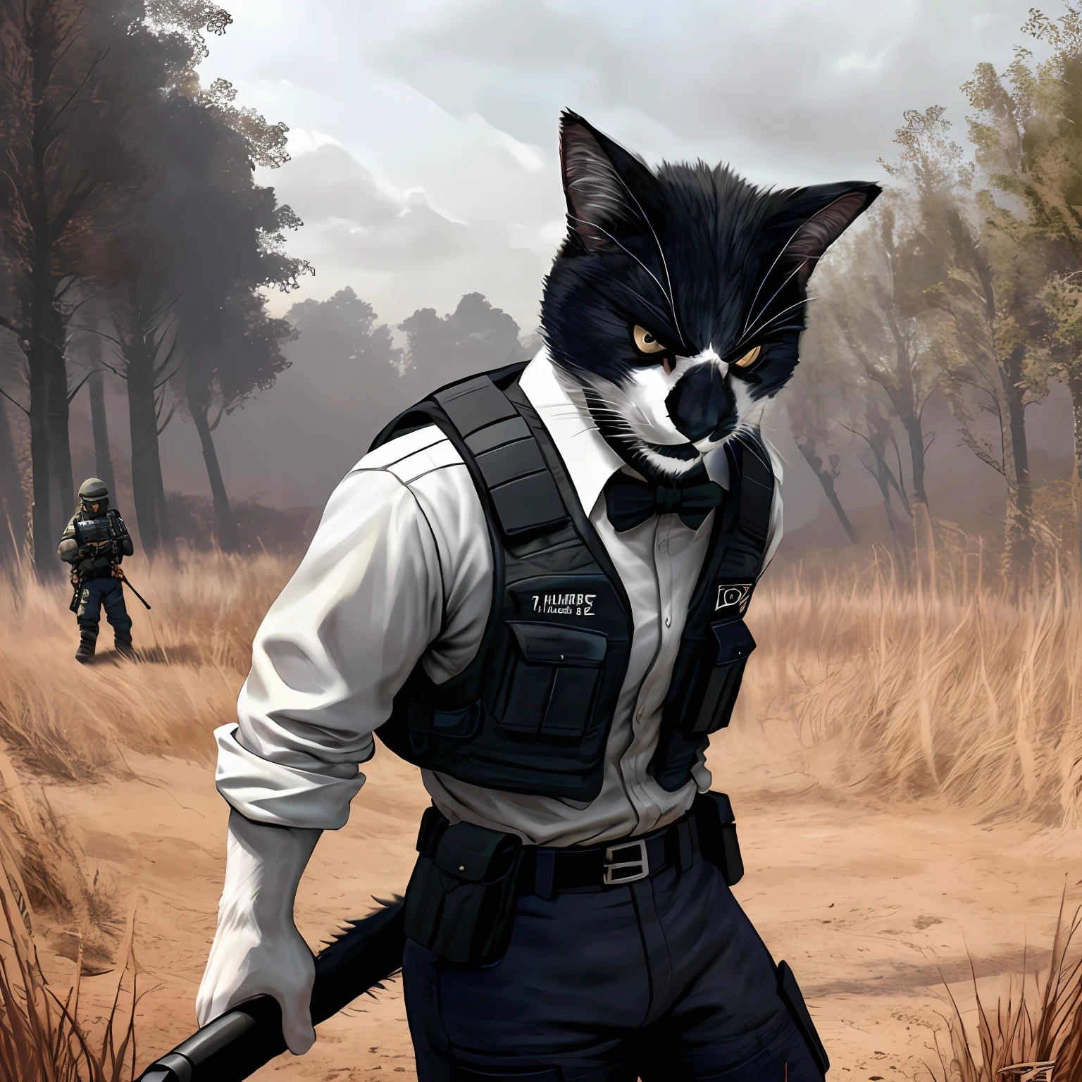 Leo, anthropomorphic black and white cat, cat anatomy, standing upright, fluffy, wearing a white shirt, green tactical vest, angry, fried chicken hanging on vest, in a battlefield, realistic, high quality, BSAA uniform, detailed face, detailed eyes, masterpiece
