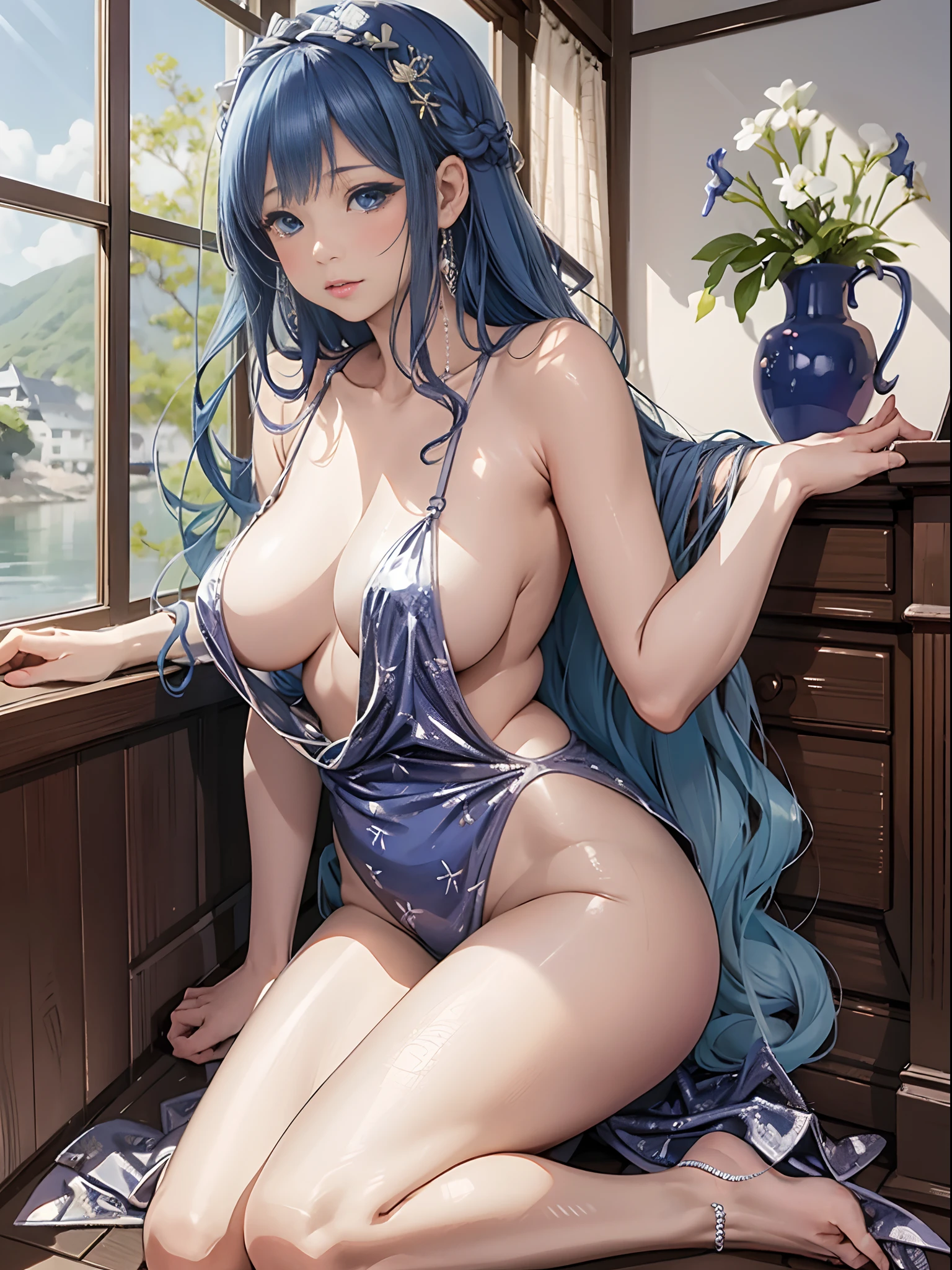 15
（Enrich the picture，Masterpiece level quality）Beautiful 8K CG artwork，Goddess-like posture，sittinng on the river，Postural exercises，Slim and soft，Translucent skin，Blue hair、The beauty of extra-long hair, Super Long Straight Hair，The skin is fair and juicy，Big breasts underwear uniform，Perspective Part 1.2x enhanced silhouette effect，Exquisite transparent blues pattern in pajamas，The details are intricate and exquisite，The background is slightly blurred，Charming and lustful leg seduction，Drool，J cup oversized big breasts，Blush，Japan goddess，Perfect body slim curves，Scene by the sea，