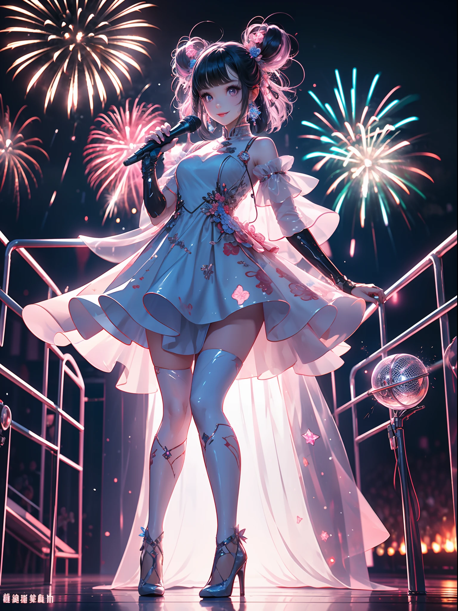（A performance stage in the children's playground，first person perspective，full bodyesbian，low angles，）A sweetly smiling girl singer, wearing crystal hairclip, pink and blue fluffy dress, holding a crystal microphone. Long shot full body composition, fireworks bursting behind her， Whimsical flamboyant costume and hairstyle.cyber punk style，realisticlying，real photograph，Movie lighting，超高分辨率，Winner of the Grand Prize for Photography，