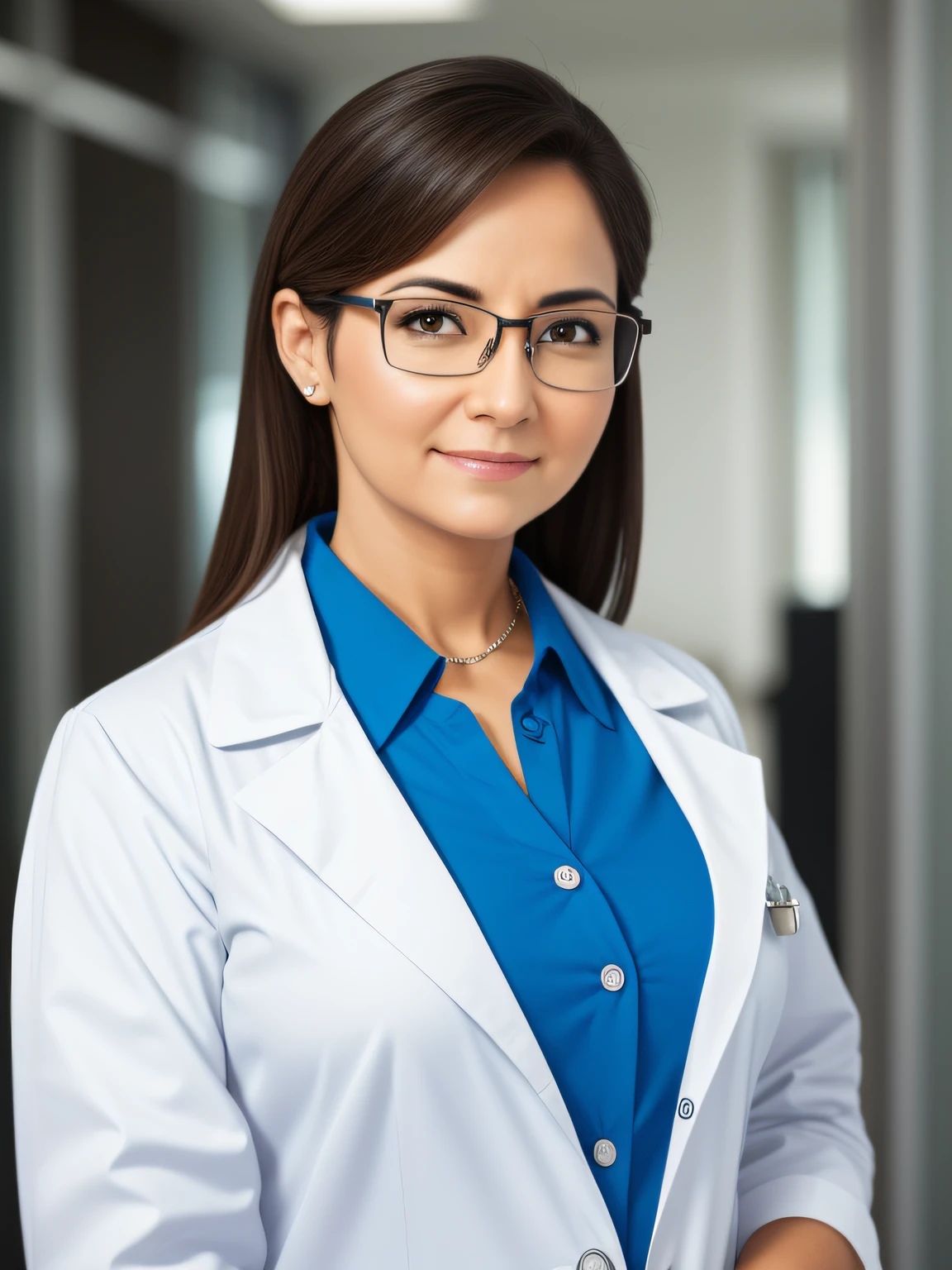 a woman doctor standing in white with glasses