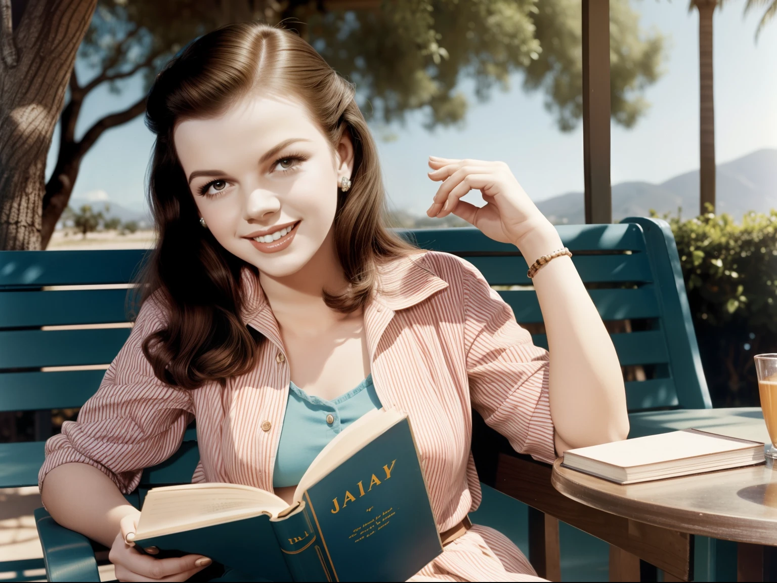 Judy Garland at in 1944, very happy and beautiful, long hair, reading a book in a cafe, a beautiful California summer day, full color.