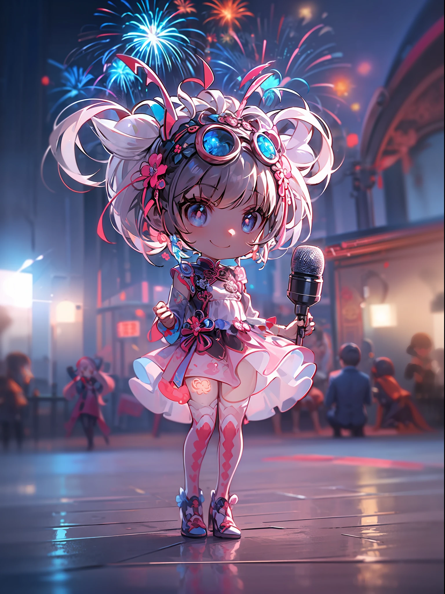 (A performance stage in the children's playground,first person perspective,full bodyesbian,low angles,)A sweetly smiling girl singer, wearing crystal hairclip, pink and blue fluffy dress, holding a crystal microphone. Long shot full body composition, fireworks bursting behind her, Whimsical flamboyant costume and hairstyle.cyber punk style,realisticlying,real photograph,Movie lighting,超高分辨率,Winner of the Grand Prize for Photography,
