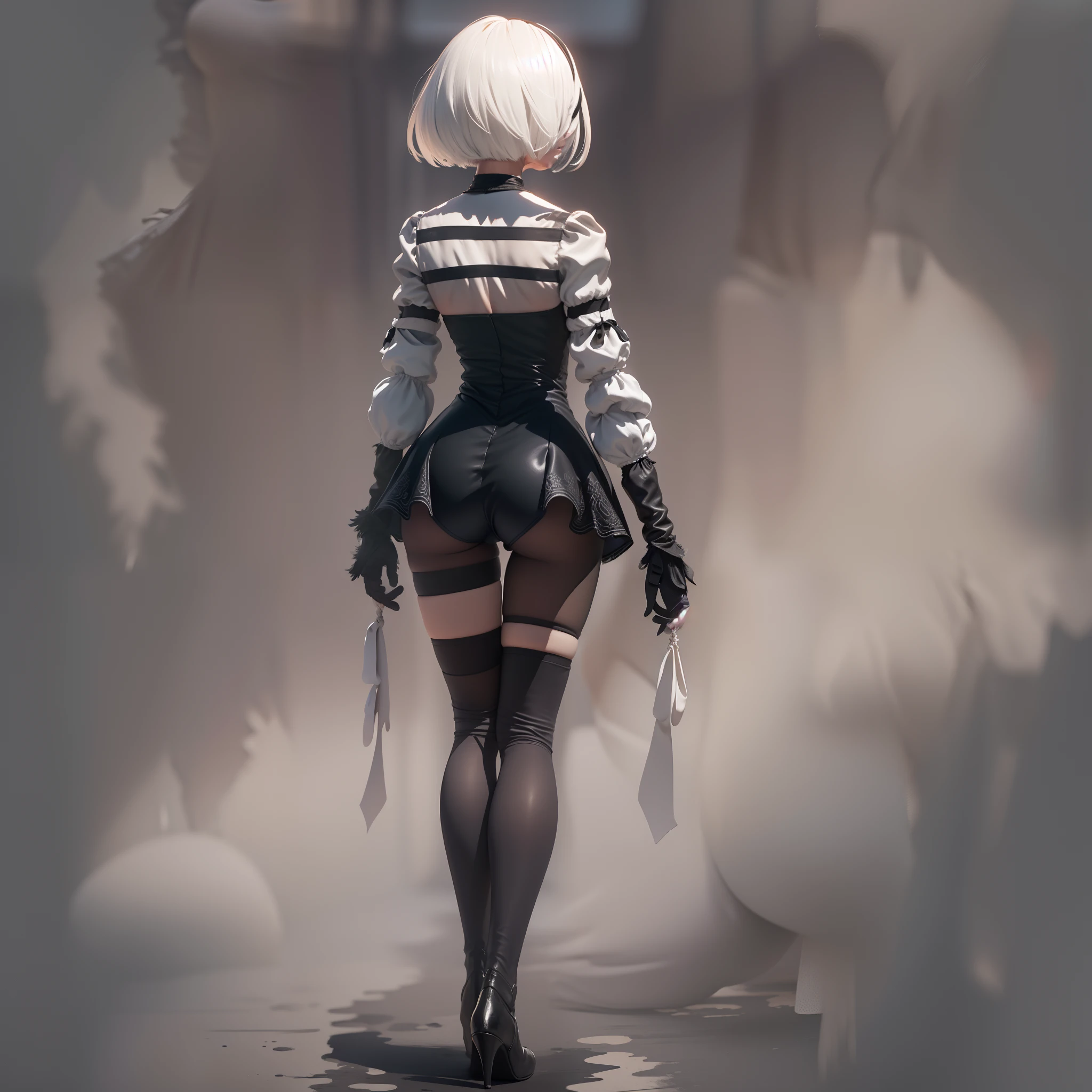 2b nier automata, ((Unidad Yorha no 2 tipo B)), black negligee, short shorts, collarbone, masterpiece, best quality, highres, dark persona, watercolor painting theme, rear view, (looking at the viewer: 1.1), wide hips, big ass, tojou koneko, yellow eyes, white hair, short hair, hair ornament, striped shirt, black neck ribbon, rear view