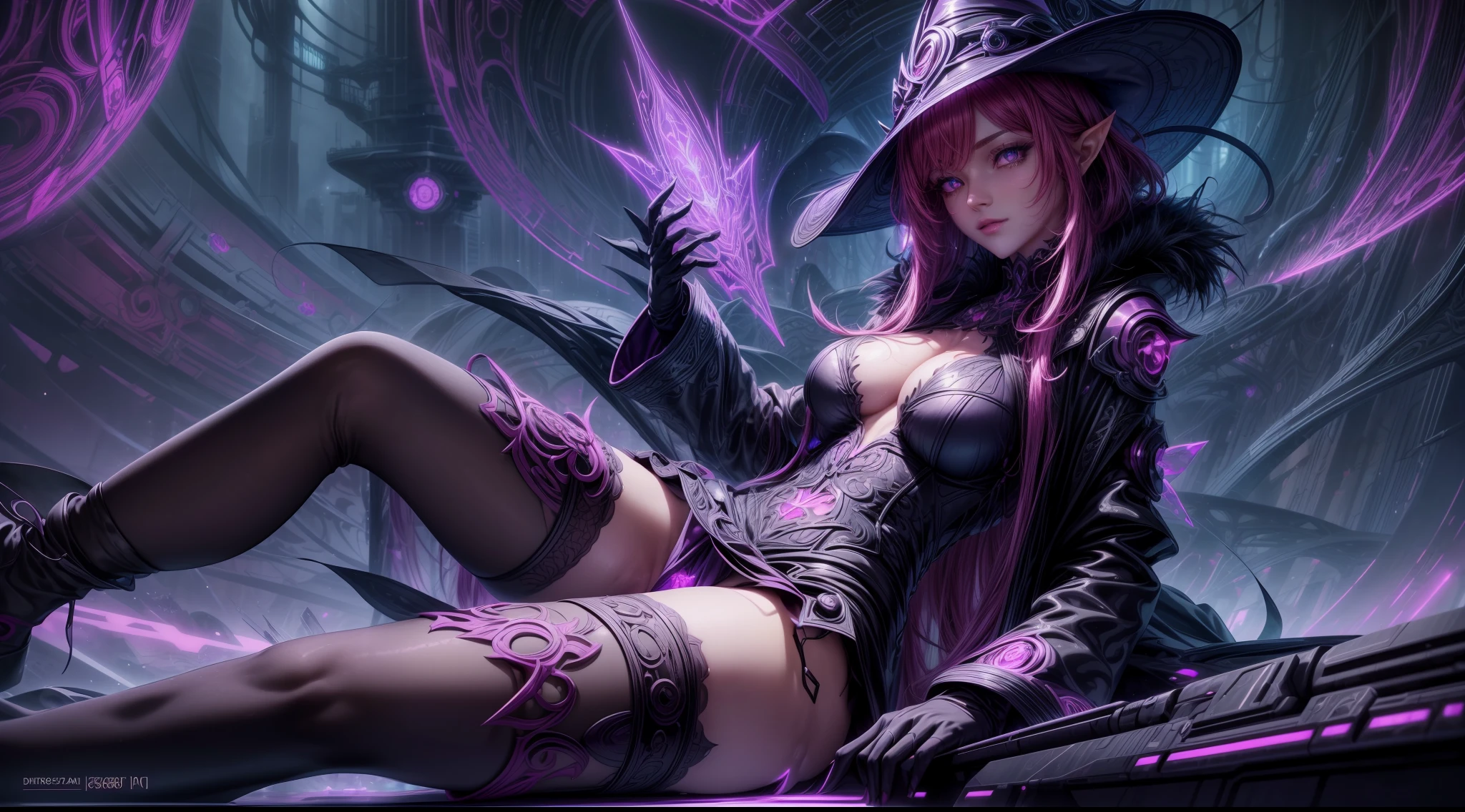magenta futuristic elf demon witch girl in tight coverall suit skirt with hat, magic lights, futurism, cyberpunk, laying, silk, fur, (stockings), decollete, natural breasts, slim body, zettai ryouiki, medium length hair, (beautiful detailed bright emerald eyes), portrait, (beautiful and aesthetic:1.2, fractal art:1.4), most realistic, highest quality, best quality, Detailed, Realistic, 4k highly detailed digital art, octane render, bioluminescent, (cool_color), best pixels, 8k ultra