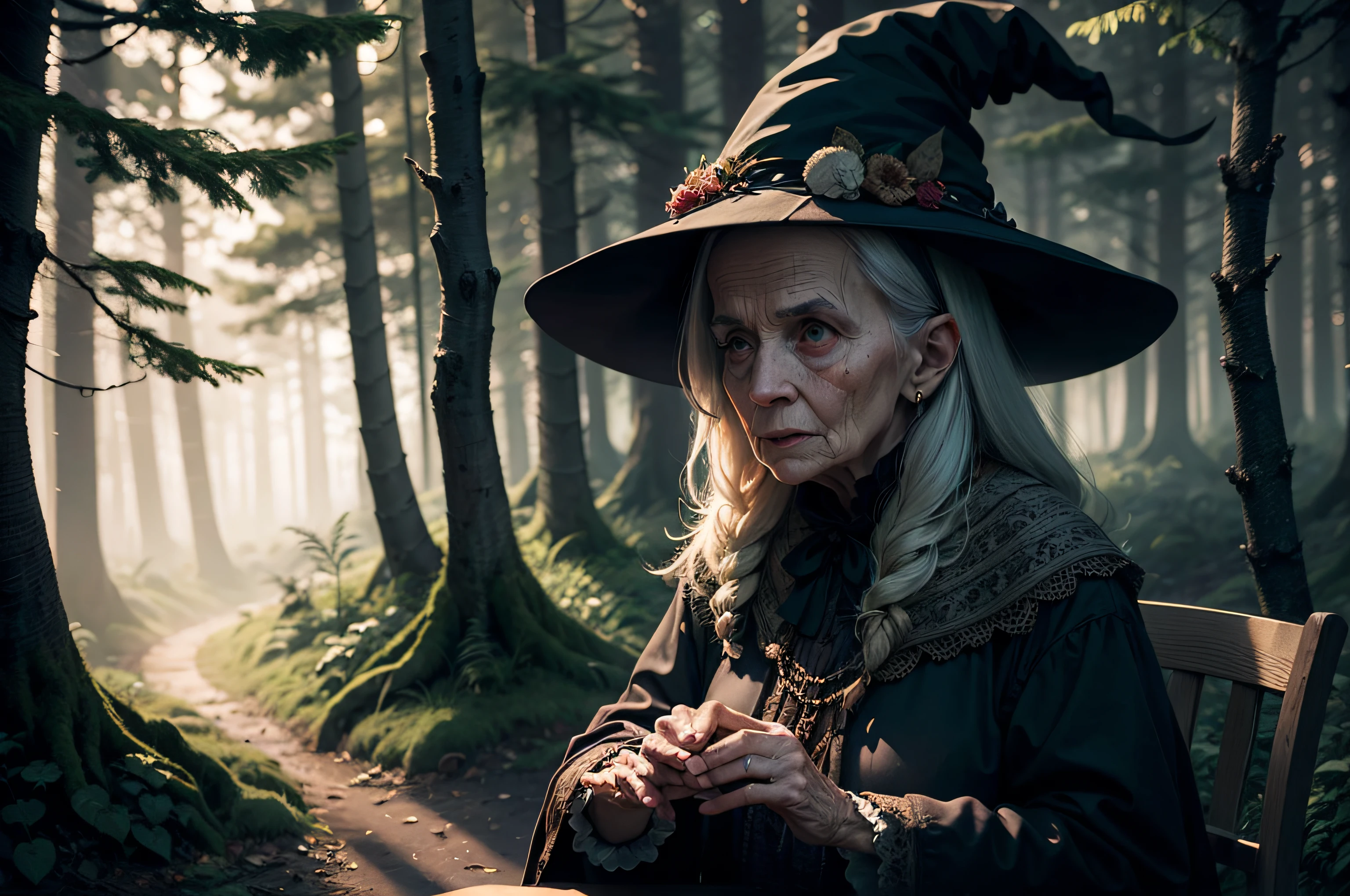 an old and wrinkled witch in a forest at night