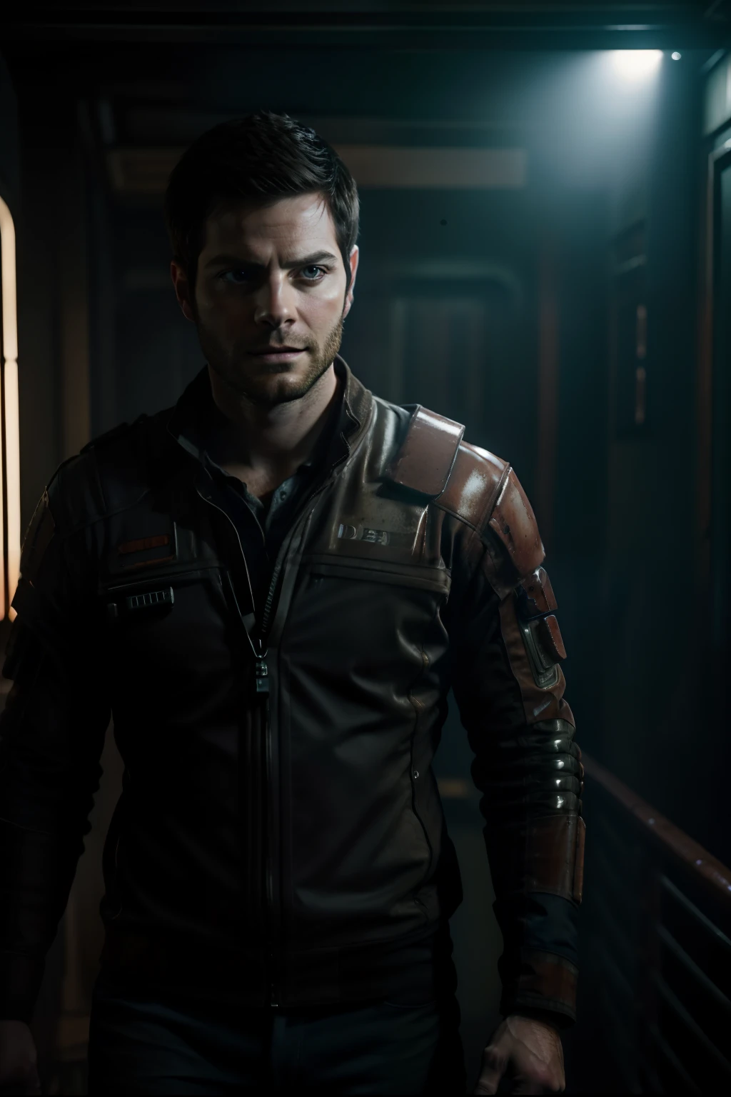 Sci Fi Horror Dead Space David Giuntoli on Ishimura Haunted Ship photography, natural light, photorealism, cinematic rendering, ray tracing, the highest quality, the highest detail, Cinematic, Third-Person View, Blur Effect, Long Exposure, 8K, Ultra-HD, Natural Lighting, Moody Lighting, Cinematic Lighting