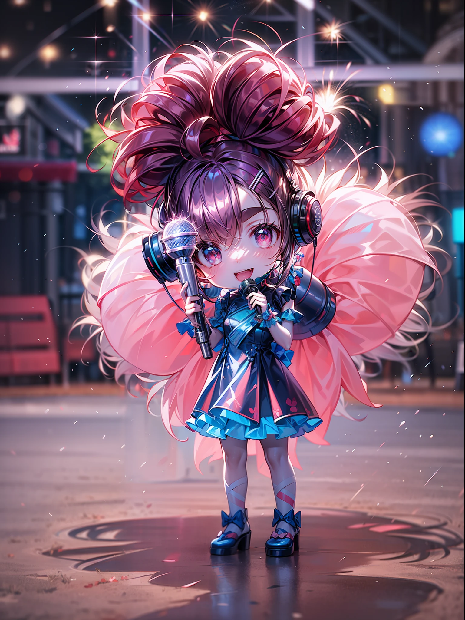 (A performance stage in the children's playground,first person perspective,full bodyesbian,low angles,)A sweetly smiling girl singer, wearing crystal hairclip, pink and blue fluffy dress, holding a crystal microphone. Long shot full body composition, fireworks bursting behind her, Whimsical flamboyant costume and hairstyle.cyber punk style,realisticlying,real photograph,Movie lighting,超高分辨率,Winner of the Grand Prize for Photography,