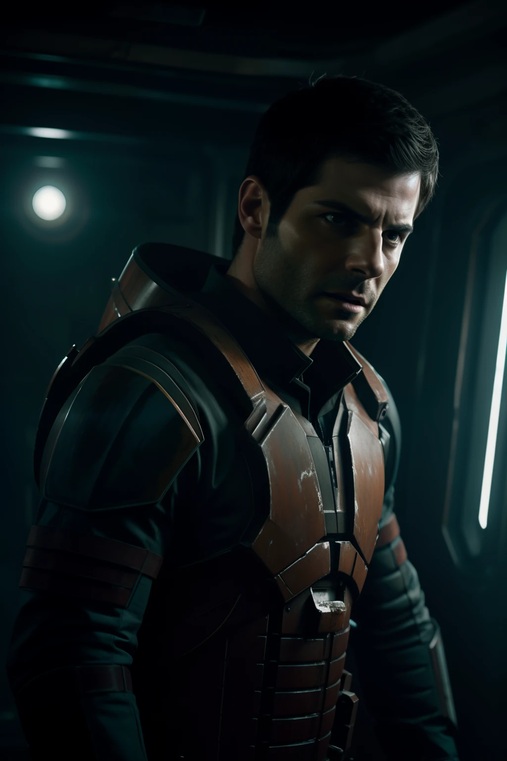 Sci Fi Horror Dead Space David Giuntoli on Ishimura Haunted Ship photography, natural light, photorealism, cinematic rendering, ray tracing, the highest quality, the highest detail, Cinematic, Third-Person View, Blur Effect, Long Exposure, 8K, Ultra-HD, Natural Lighting, Moody Lighting, Cinematic Lighting