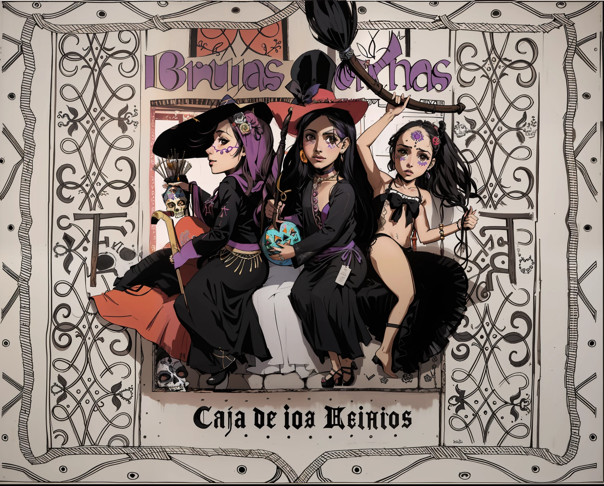 Un dibujo de tres mujeres brujas ancianas montadas en un puerco en un marco, Brujeria, runico, by Emma Ríos, album cover art, an album cover, por Enrique Grau, dia de muertos, by Carlos Enríquez Gómez, Portada del CD, dia de los muertos, album art cover, by Raul Martinez