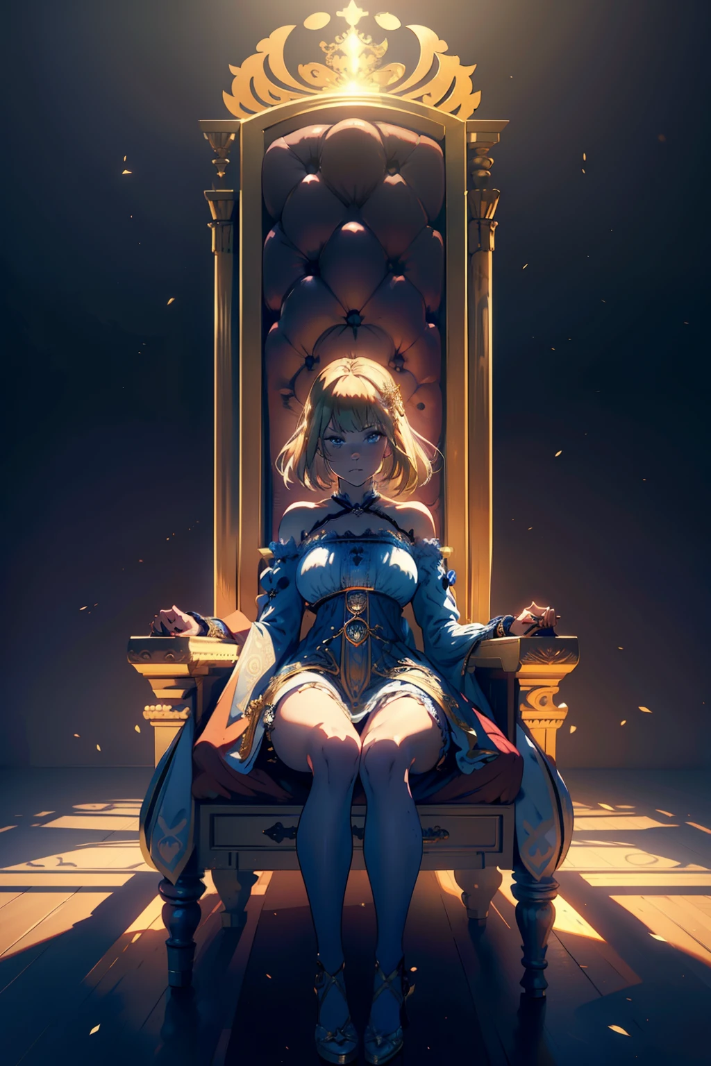 badass, a woman, blonde hair, black locks, sash covering one eye, crimson lips, golden armor, right hand raised above head, preparing magic in right hand, cosmic magic, sitting on a throne, throne room, rays of sun come in through the windows, 5:00 pm, europe, full body, modern, anime, Gothic art, Hyperrealism, god rays, atmospheric perspective,  rotated, perspective, high quality --auto --s2