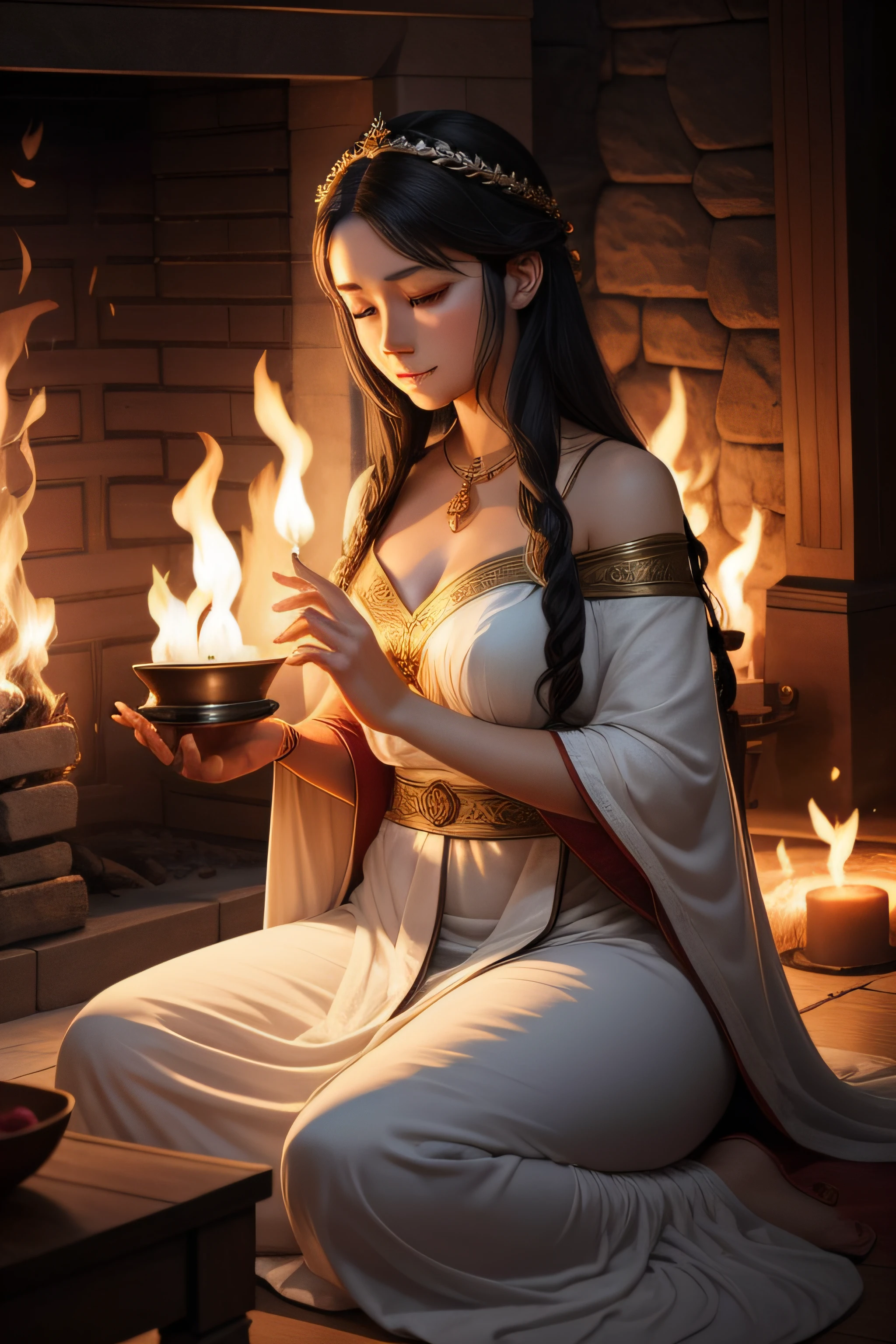 Imagine Hestia, the Goddess of the Hearth, in "Heir of Wine and Flames." Depict her in a warm and inviting space, surrounded by flickering flames. She wears simple yet elegant attire, symbolizing comfort and stability. Show her tending to a sacred fire or maintaining a sense of unity among allies. Capture her gentle yet powerful presence, emphasizing her role as a source of warmth and harmony.