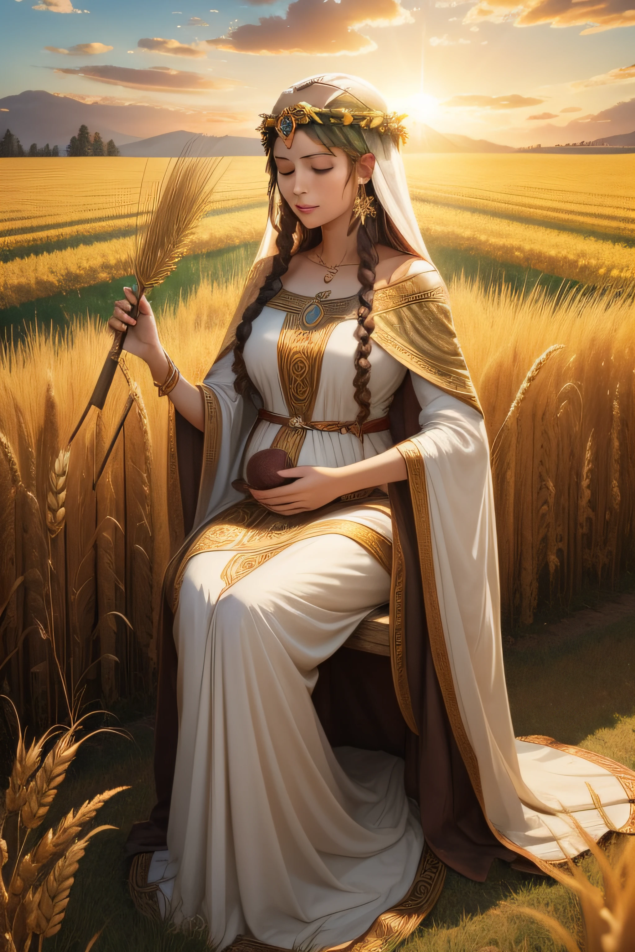 Visualize Demeter, the Goddess of Agriculture, in "Heir of Wine and Flames." Depict her amidst fields of crops and golden wheat. She wears clothing adorned with earthy motifs. Show her holding a sheaf of wheat or a cornucopia, representing abundance and fertility. The setting could be a sunlit field, reflecting her role as a nurturing and life-giving deity. Capture her maternal warmth and her connection to the cycles of nature.