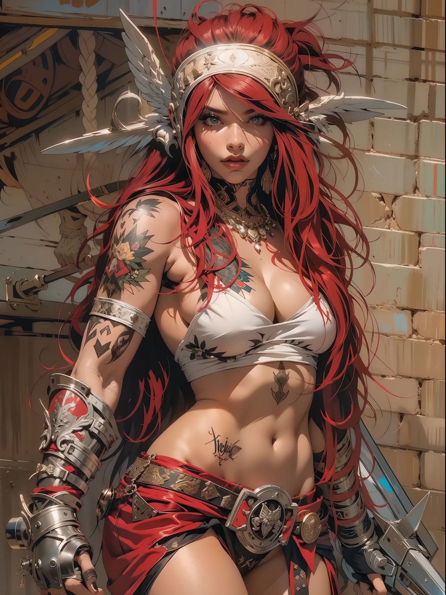 (((mulher))), (((melhor qualidade))), (((obra prima))), (((adulta))), Uma guerreira mulher de 35 anos com corpo perfeito, Brooklyn Gladiators, (( under boobs )), quase nua no estilo selvagem urbano de Simon Bisley para a capa da revista Heavy Metal, cabelo loiro, Minimum clothing, red and white checkered pattern, armadura, cheio de pontas e rebites, tatuagem tribal, (((do joelho pra cima))), cabelo desalinhado