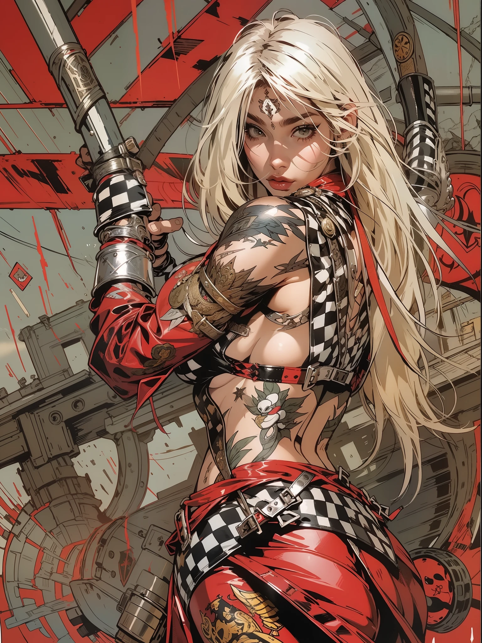 (((mulher))), (((melhor qualidade))), (((obra prima))), (((adulta))), Uma guerreira mulher de 35 anos com corpo perfeito, Brooklyn Gladiators, (( under  )), quase nua no estilo selvagem urbano de Simon Bisley para a capa da revista Heavy Metal, cabelo loiro, Minimum clothing, red and white checkered pattern, armadura, cheio de pontas e rebites, tatuagem tribal, (((do joelho pra cima))), cabelo desalinhado