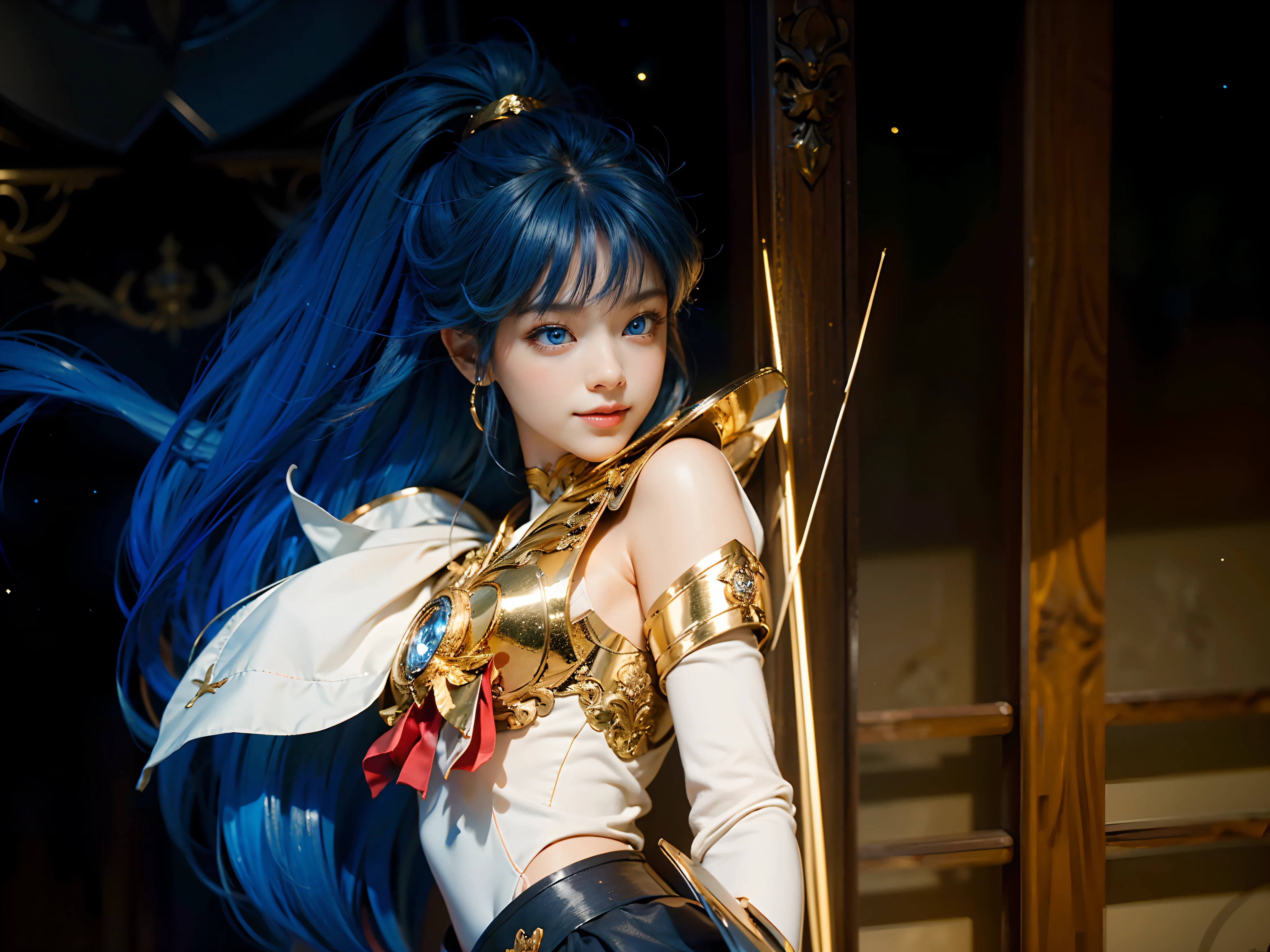 (CG Unity 8K wallpaper in extreme detail,tmasterpiece,Highest image quality),(Delicate light and shadow,The picture is highly dramatic,Cinematic lens effect), (the sailor moon:1.1),Charming smile,double tails, eBlue eyes,(golden hair), tight top,whitegloves, mini-skirts,dynamicposes),The background is the universe(Exceptional detail,The lighting effect is outstanding,Vista wide angle),(Excellent rendering,Enough to stand out from the crowd),Wear a gold mask on your head