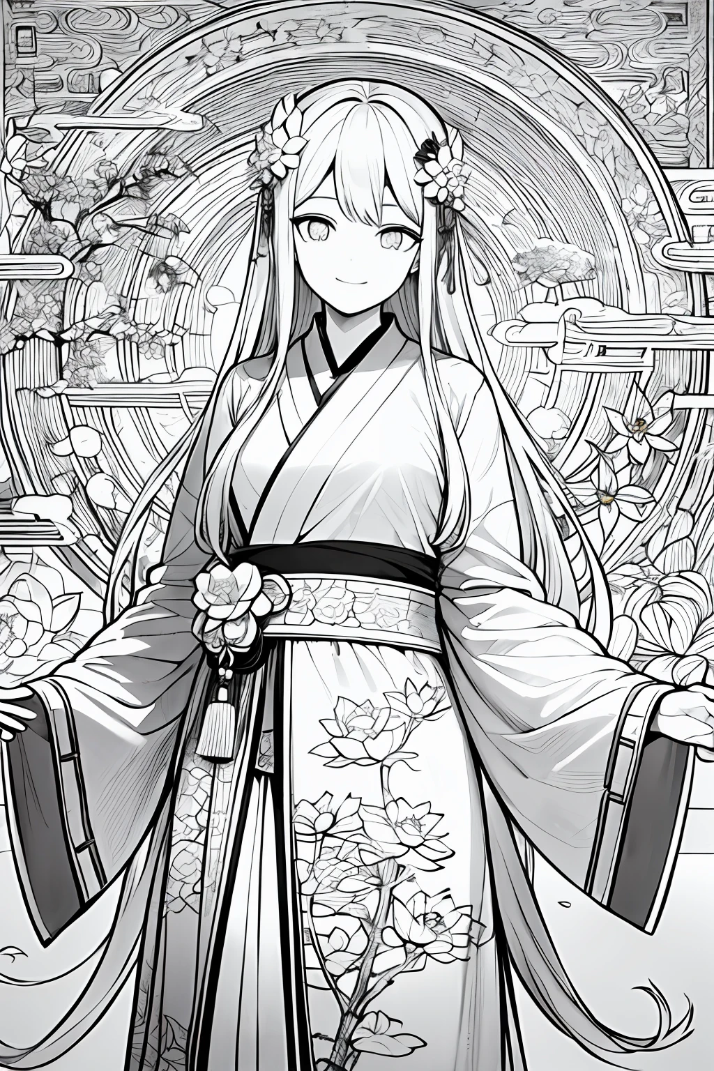 negative space, , shuimobysim, Standing statue, Willow branches, (tmasterpiece, best qualtiy: 1.2), chinese paintings, Model style, Peaceful, (ssmile), Look at the viewer, Wearing a long Han costume, Hanfu, surname, Lotus flowers in background