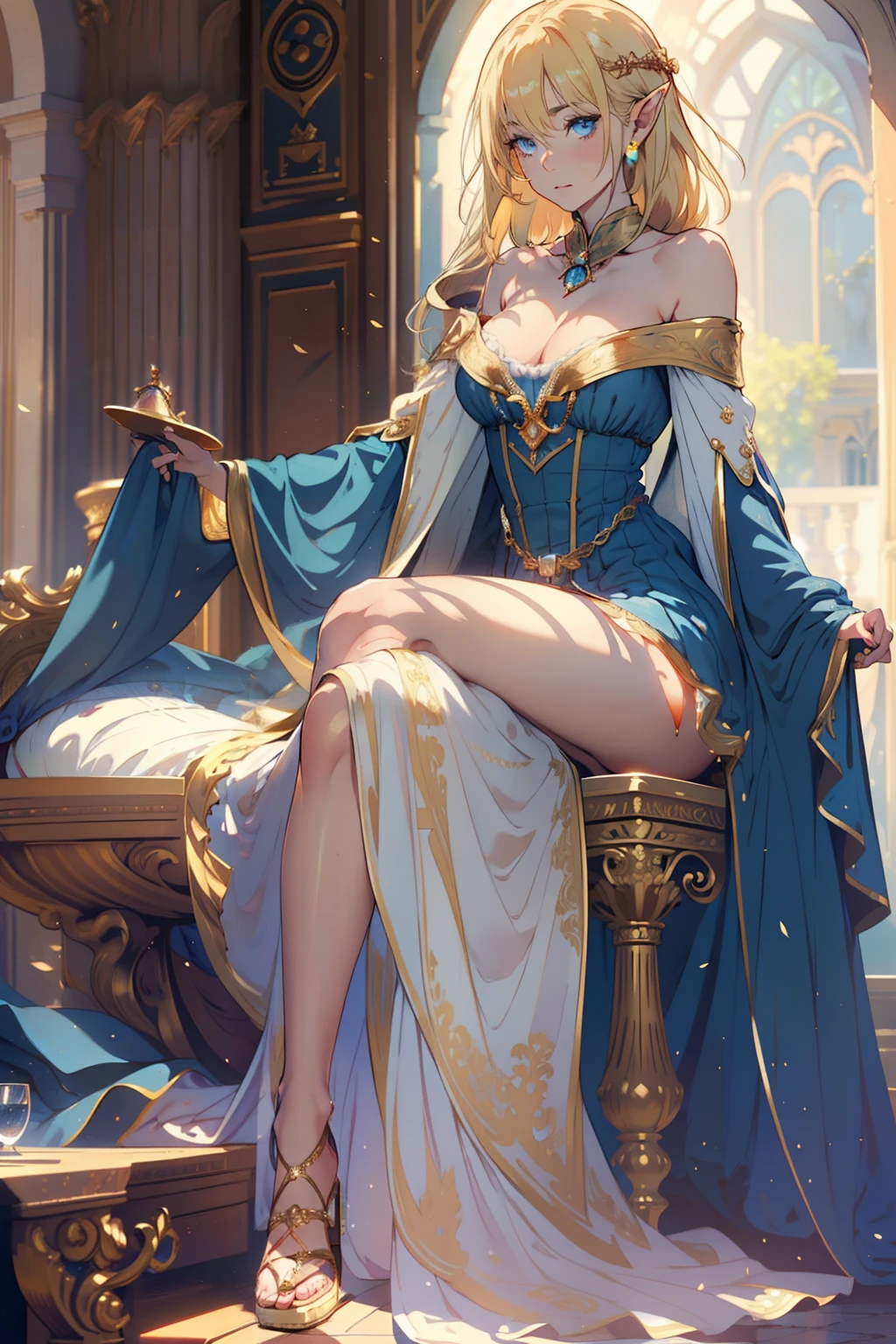 (Realistic), (Highres), 4K, 8K, Detailed Illustration, Ultra-Detailed, Ambient Light, Backlighting, Realistic Shadows, Glowing Particles, Light Particles, Digital Art, Detailed Face, Detailed Hair, (Hyper-Detailed Eyes:1.2), Soft Light, Soft Lighting, (Outdoors:1.15), Renaissance, Renaissance Architecture, Hyper Detailed Architecture, Vintage Windows, Red Curtains, (Throne:1.4), (Sitting on Throne:1.2), Front, Frontal, Huge Throne, Ornate Throne, Royal Throne, Massive Throne, (Blonde Hair:1.15), Bangs, Shiny Hair, short braids, Blue Eyes, Closed Mouth, Dignified Expression, Emotionless, Calm, Confident (Solo:1.4), Mature Female, Sexy Elf Woman, Full Body, Toned Thighs, Narrow Waist, Round Hips, (Huge Perky Breasts:1.1), Crossed Legs, (Crossed Arms:1.1) (Elegant Blue Dress:1.1), Ornate Clothes, Ornate Dress, (Blue Off-Shoulder Dress:1.1), Bare Shoulders, Skindentation, (Blue Dress:1.1), (White Puffy Sleeves, Long Sleeves, Juliet Sleeves:1.1), Long Sexy Dress, cleavage, covered , (Ballroom Gown:1.3), (Frilled Dress:1.3), (Jewelry:1.15), Collar, Gorget, Gold-Trim, Regalia, Knight (NSFW 1.1)