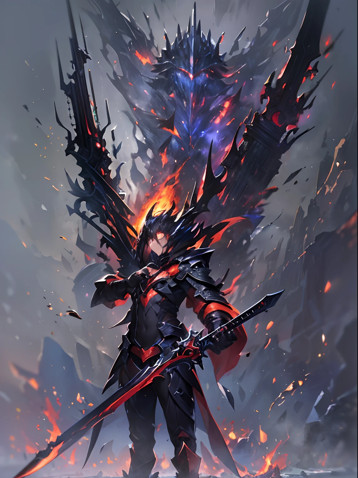 (((masterpiece)))、(((top-quality)))、((ultra-detailliert))、Come、The Darkness of the Abyss、Great Sword of Flame、darkness, Shadow, Hatred and destruction、Great Flame of Vengeance、Slap me、Burn him、Burning One、(Fire of the Abyss)