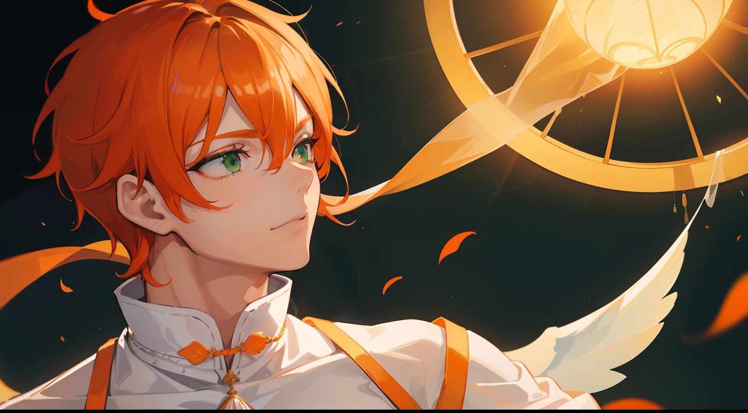 profile((((One guy)))),close your eyes and laugh,(((Guy))), (((man))), (((Man's))),(((masutepiece))), (((Beautiful lighting))),(((muscular))),(((man))),),(((Green eyes))),(((Orange hair))), Male face,male eyebrows, Male Eyes, Eyelashes, Medium Hair,Beautiful face, v shaped_eyebrow,White skin,Transparent wings,Chinese_Clothes,(((Black clothes,)))garters_lanyard, See-through,The light of the Buddha shines, holy,
