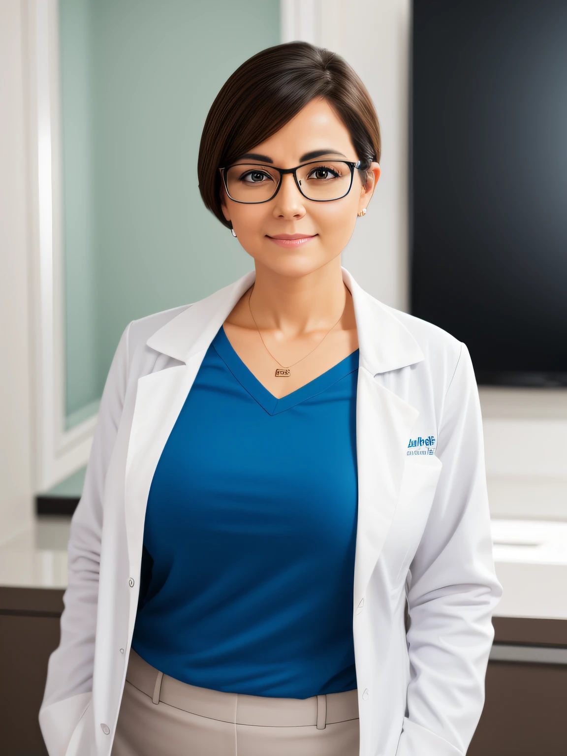 a woman doctor standing in white with glasses