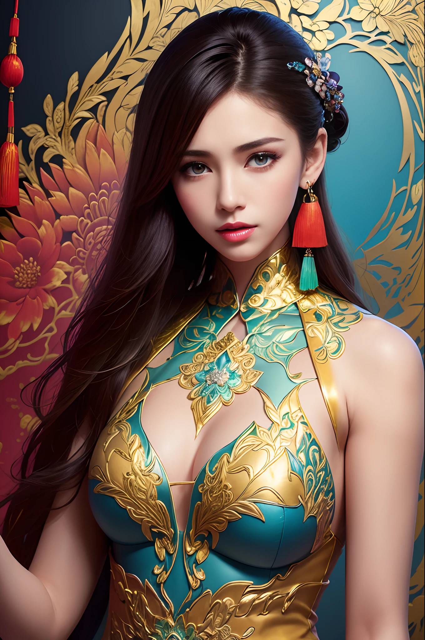 (masterpiece, top quality, best quality, official art, beautiful and aesthetic:1.2), (1girl:1.3), extremely detailed,(fractal art:1.1),(colorful:1.1)(flowers:1.3),highest detailed,(zentangle:1.2), (dynamic pose), (abstract background:1.3), (chinese Traditional cloth:1.2), (shiny skin), (many colors:1.4), ,(earrings:1.4),