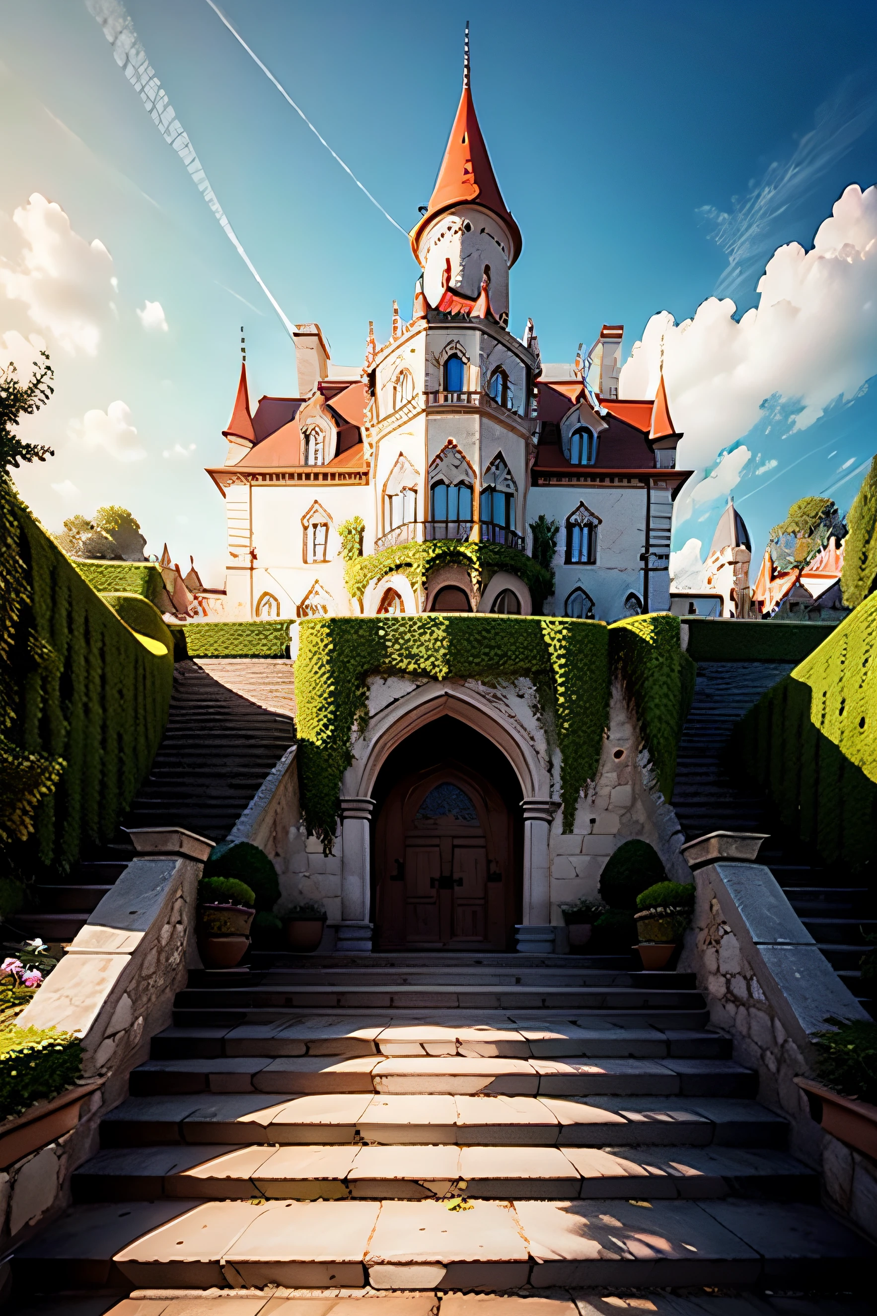 IMAGE OF A GIGANTIC WITH STAIRS, A BEAUTIFUL GARDEN CASTLE COLOR RED THE ROOF AND WALLS MATALICA GOLD MEDIVAL PALACE, ON TOP OF A GINGING MOUNTAIN, WITH A VIEW OF THE SEA