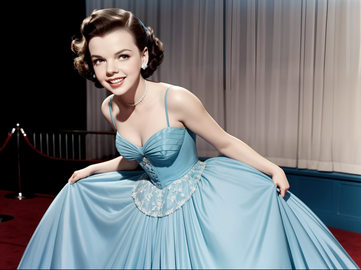Judy Garland at age 22 in 1944, very happy and beautiful, wearing a gorgeous light blue ball gown at an avant premiere, a summer night in los angeles, in full color.