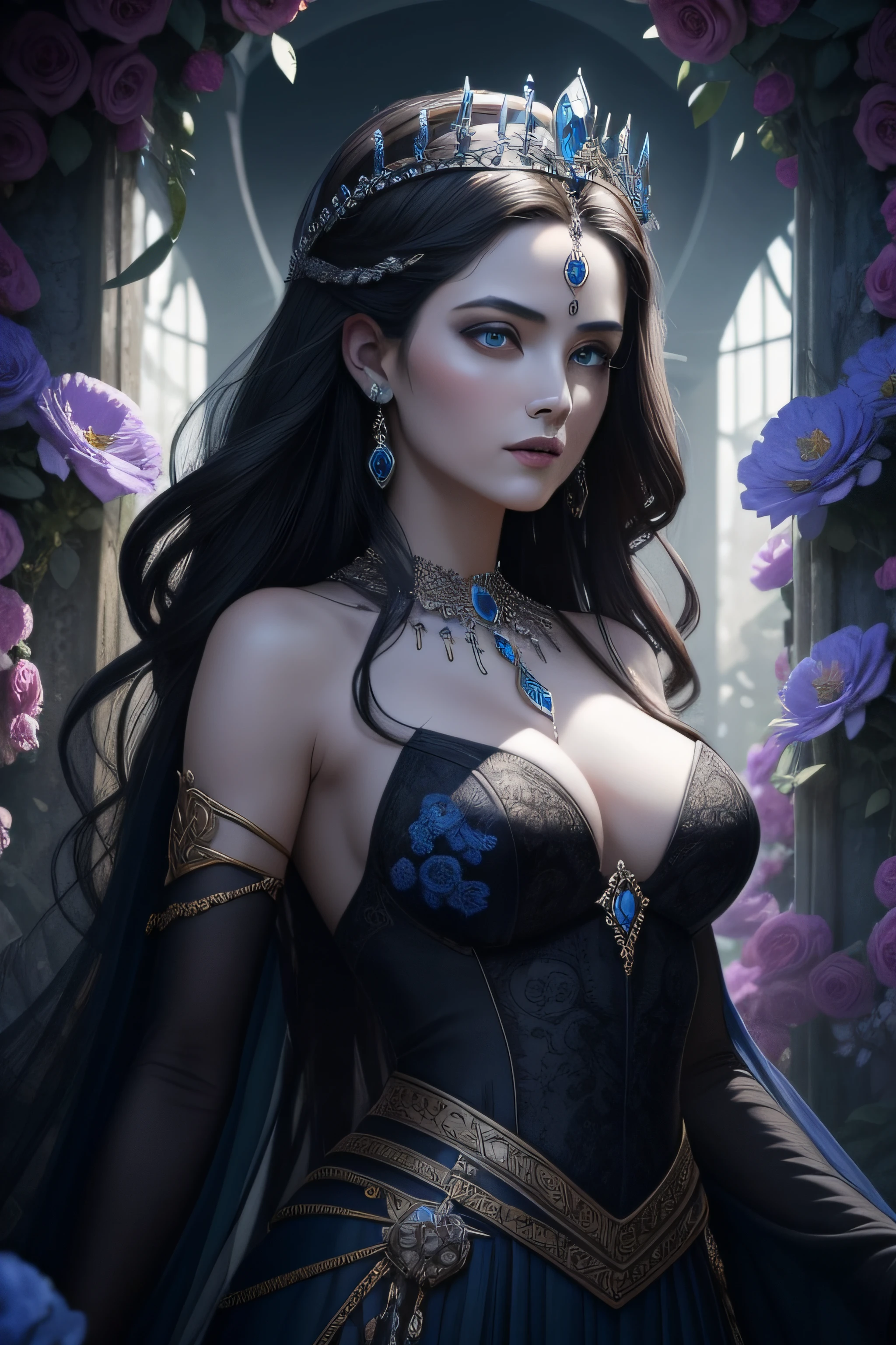 Picture Persephone, the Queen of the Underworld, in "Heir of Wine and Flames." Depict her in dual aspects - one representing her time in the Underworld and the other her return to the surface. In the Underworld, show her in regal attire, surrounded by shades of gray and blue. On the surface, portray her amidst blooming flowers and vibrant colors. Capture the balance between her roles as a ruler and a symbol of renewal.
