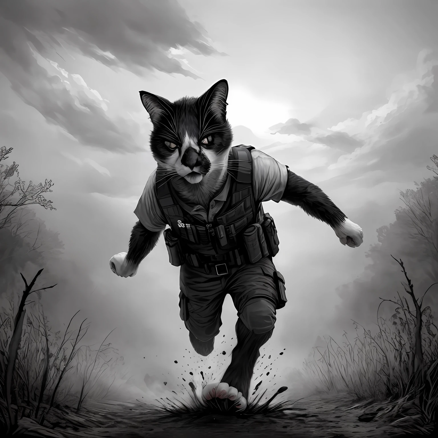 Leo, anthropomorphic black and white cat, cat anatomy, standing upright, fluffy, angry, green tactical vest, in a battlefield, realistic, high quality, detailed face, detailed eyes, masterpiece, left ear cut off, bleeding, bloody clothes, running, paws for hands,