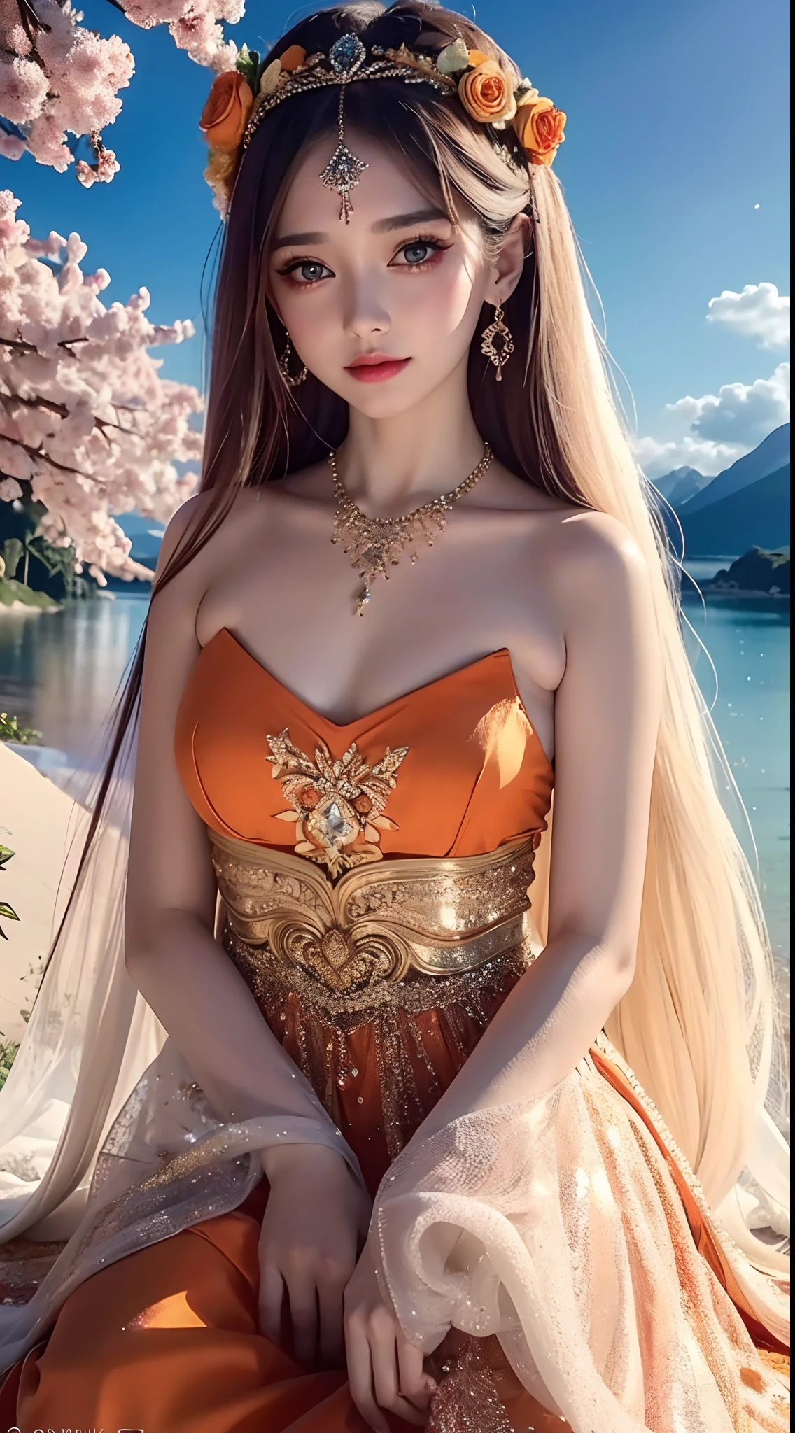4K Ultra HD, Masterpiece, s, Nice face, Detailed Eyes, Liquid Lipstick, Long hair, Hair spreads, necklaces, beautiful dress, long dress, wedding dress, Orange color, highlights, lighting effects, glittering, realistic background, Natural background, blossom, sunlights, mountains, Full-body capture,