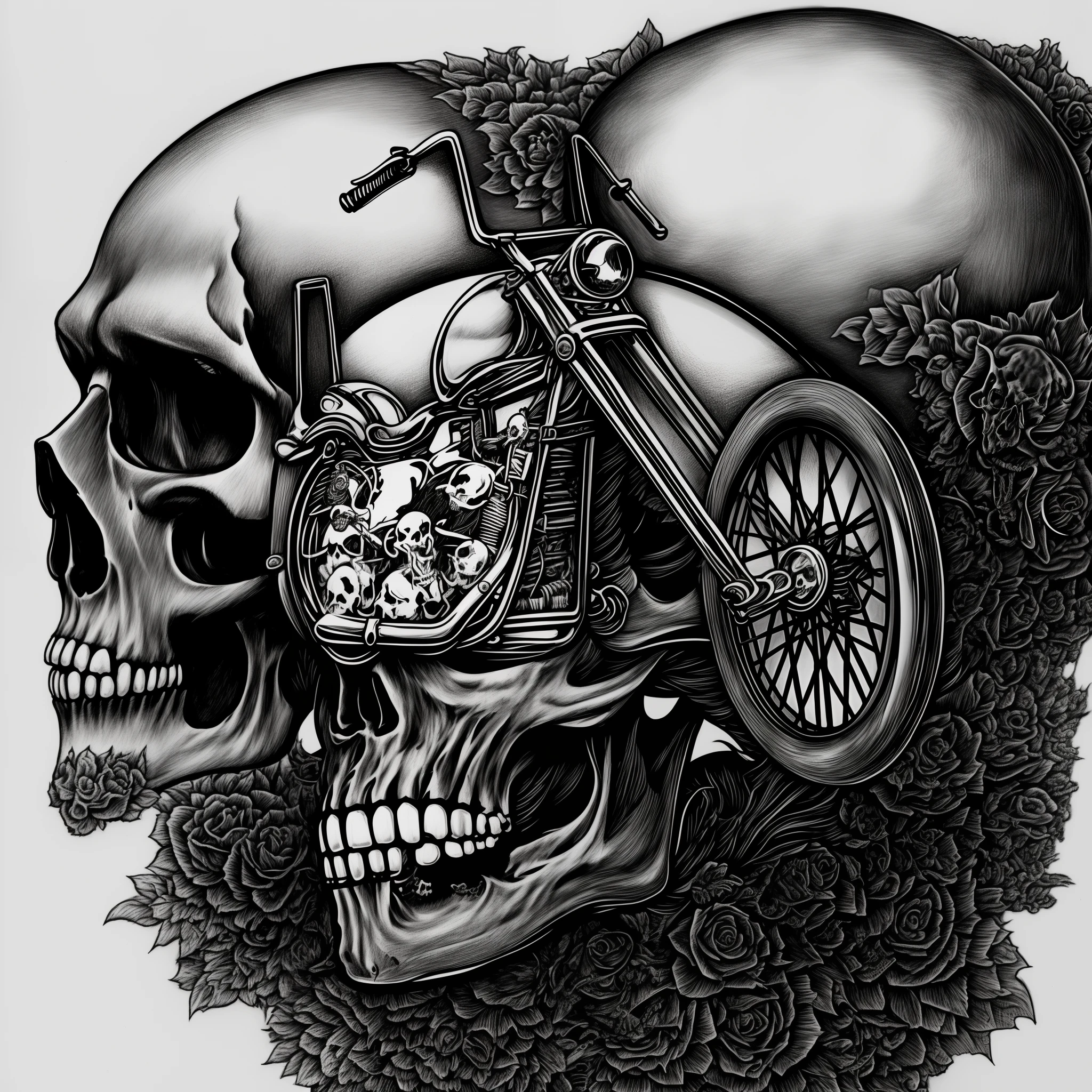 (Black and white doodle style cartoon) Holy Death, goddess of death, mexican skull face, deep eyes, two worlds, long robe, dark wavy hair, scene with several skulls and ox skulls, cacto, pinks, Female empowerment, Holy, ride, be careful with your hand, high qualiy, detaileds, dark, on top of a custom motorcycle
