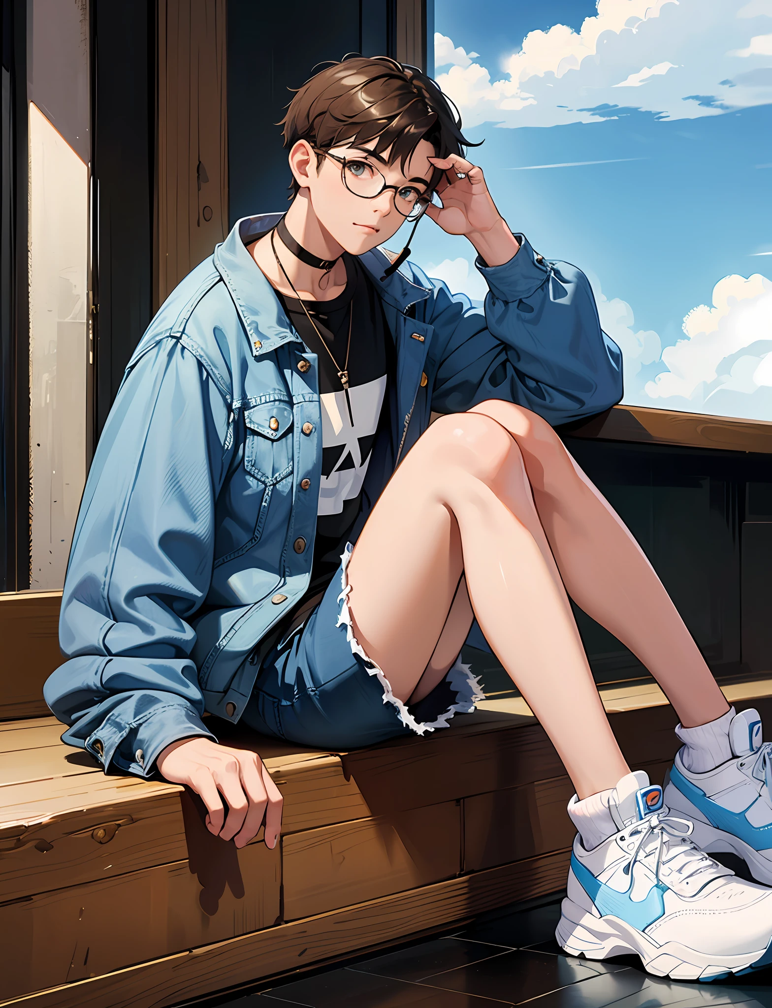 A young boy with,Wear a denim jacket,Wear sneakers,With a headset,Wear glasses,choker necklace,Happy,Sitting in a coffee shop drinking coffee,Looking at the clouds in the sky,Close-up full-body photo,Ultra-high definition