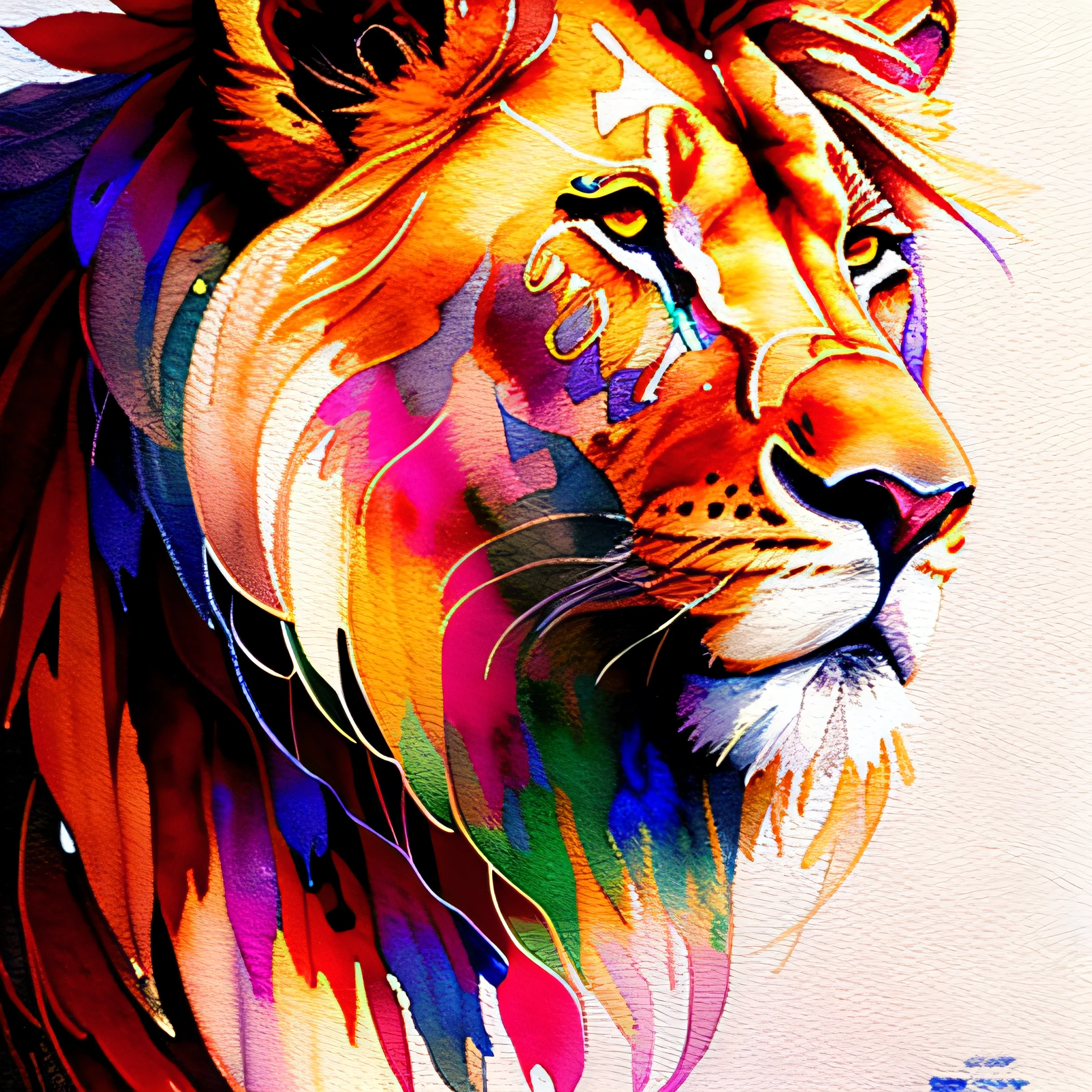 wtrcolor style, digital art of (lion character), official art, frontal, smiling, masterpiece, beautiful, ((watercolor)), face painting, ink splashes, intricate details. Detailed and highly detailed eyes, [pinging: 0.5], Trend in artstation, by Rachel Walker