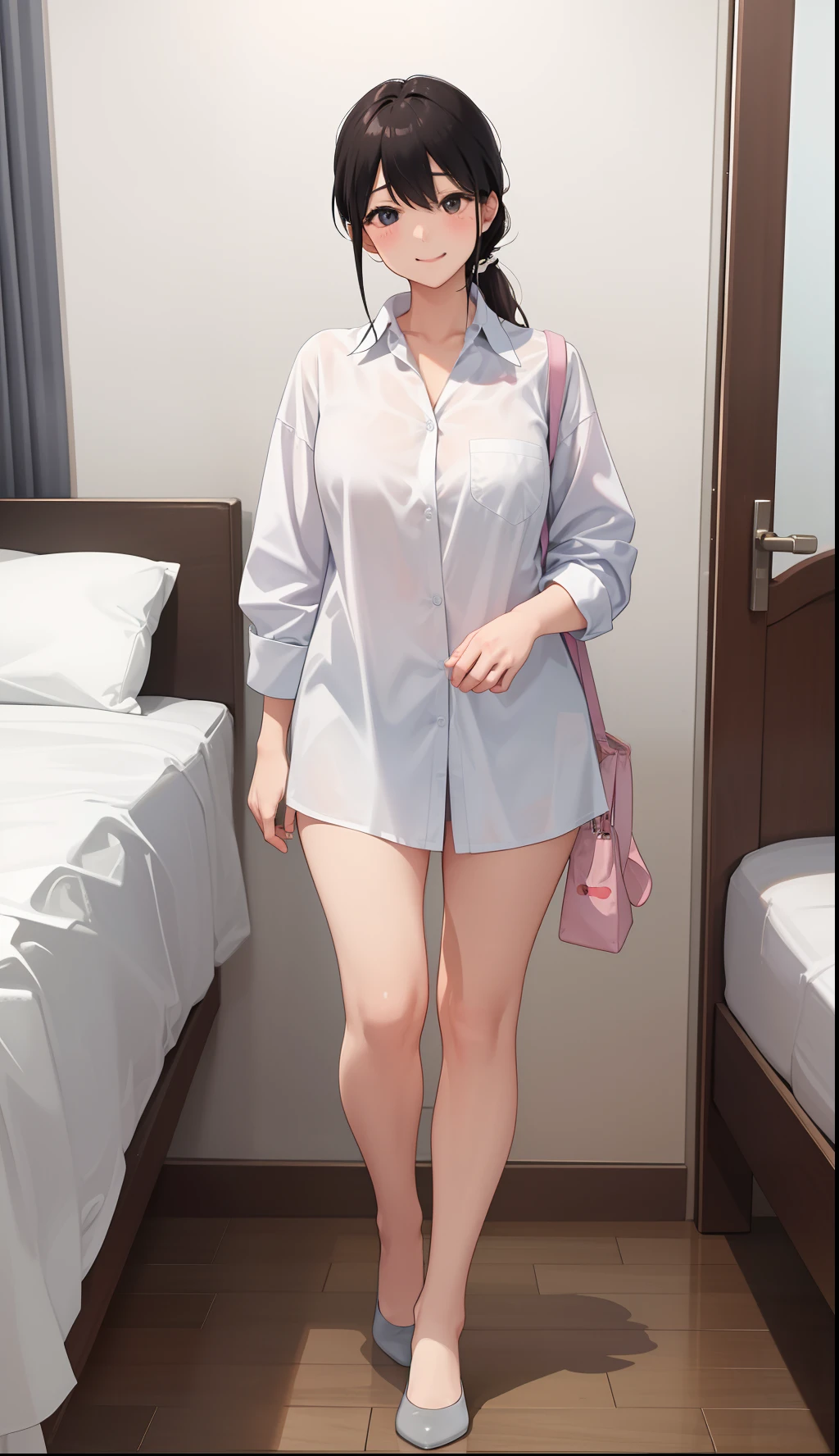 1girl in、A smile、Relax in your room、Wear only big guy business shirts、(small tits)、