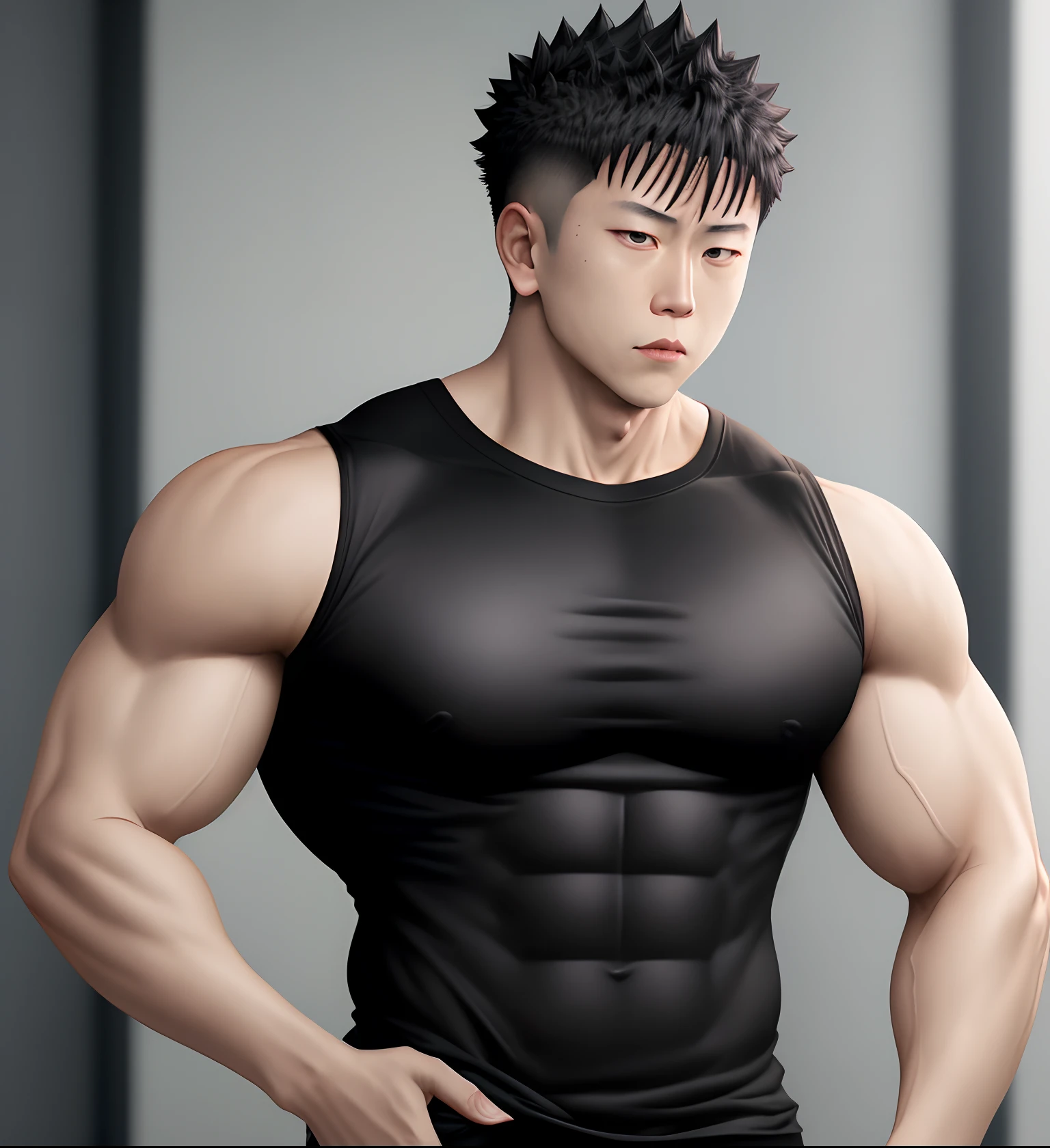 Gojo Satoru from Jujutsu Kaisen wearing a black t-shirt, showcasing his muscular physique.