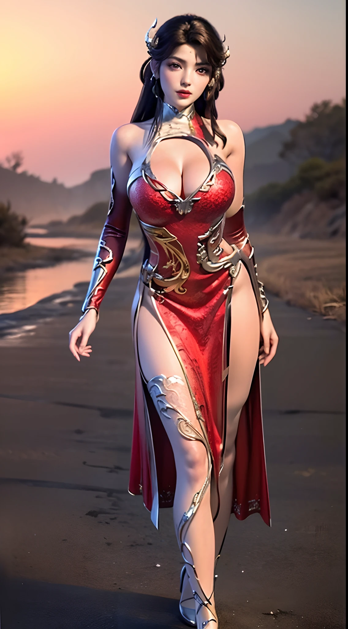 ultra realistic 8k cg, flawless, clean, masterpiece, professional artwork, famous artwork, cinematic lighting, cinematic bloom, perfect face, beautiful face, fantasy, dreamlike, unreal engine 5, science fiction,   lace, lace trim, lace-trimmed legwear, luxury, jewelry, diamond, gold, pearl, gem, sapphire, ruby, emerald, intricate detail, delicate pattern, charming, alluring, seductive, ??????, enchanting, hair ornament, necklace, earrings, bracelet, armlet,halo,autumn.
((,1girl, pov,best quality,))  ,((((,1girl,  solo, ????????????:1.5, Red armor dress, half body,  looking at viewer, standing))))