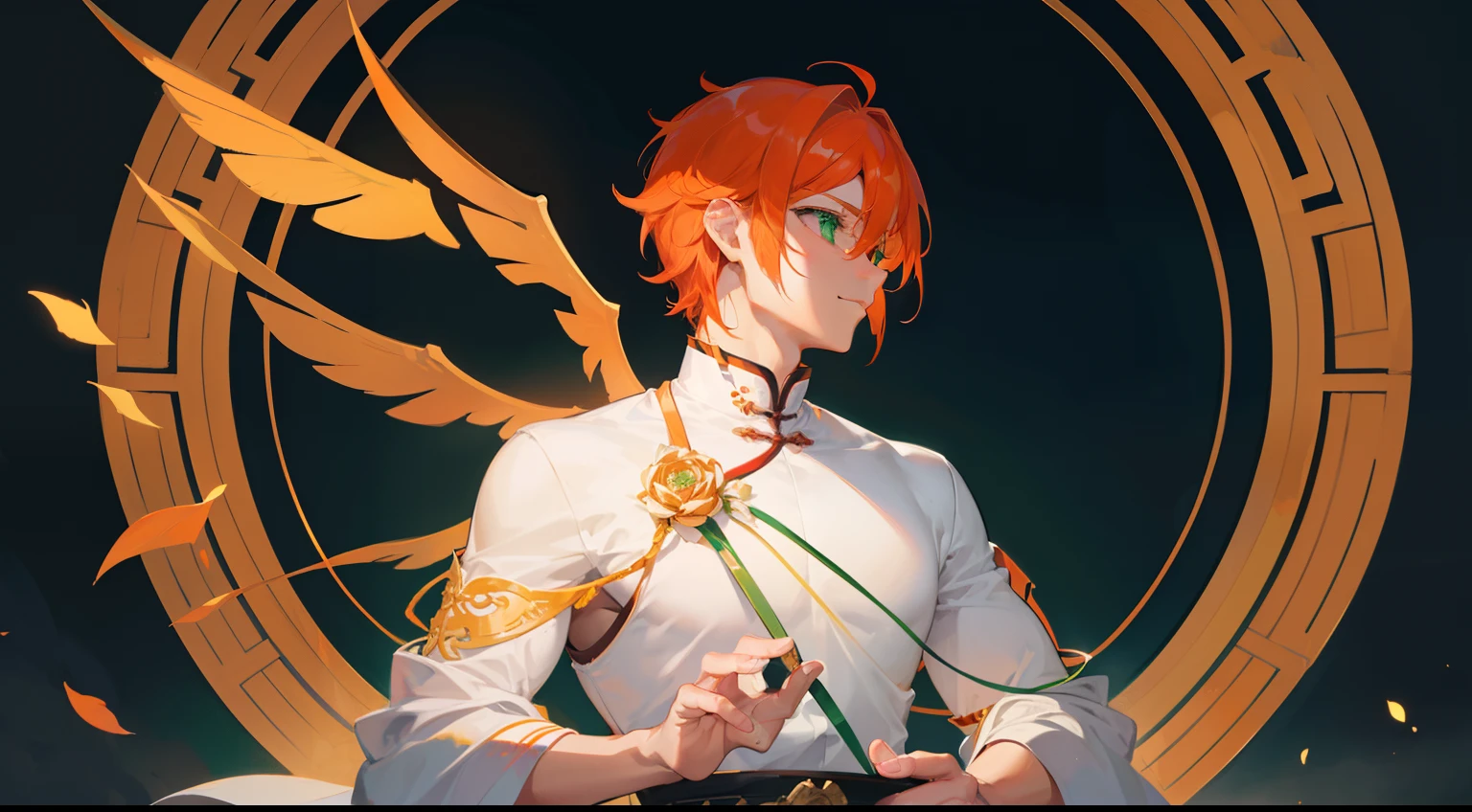((((One guy)))),close your eyes and laugh,(((Guy))), (((man))), (((Man's))),(((masutepiece))), (((Beautiful lighting))),(((muscular))),(((man))),),(((Green eyes))),(((Orange hair))), Male face,male eyebrows, Male Eyes, Eyelashes, Medium Hair,Beautiful face, v shaped_eyebrow,White skin,Transparent wings,Chinese_Clothes,(((Black clothes,)))garters_lanyard, See-through,The light of the Buddha shines, holy,