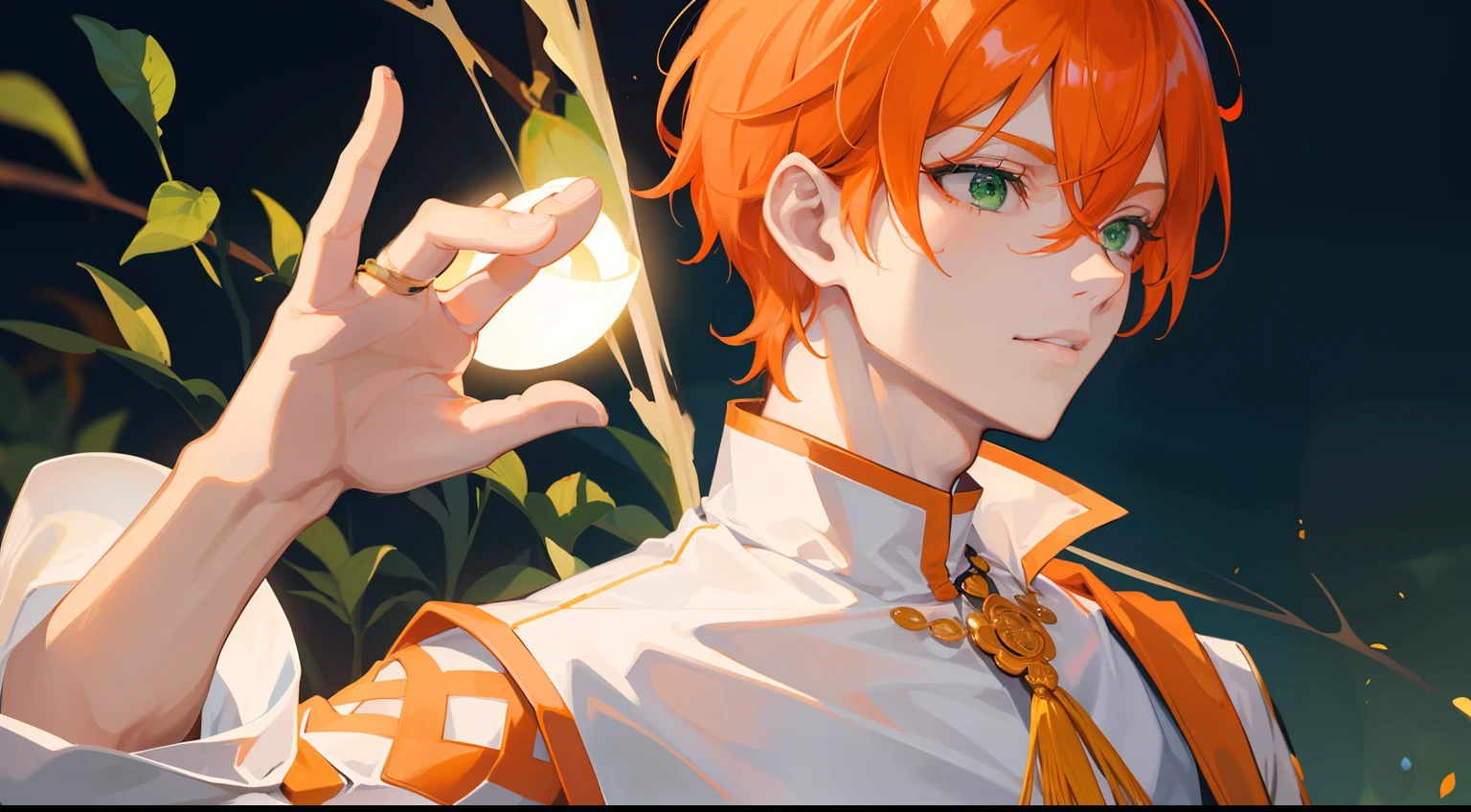 profile((((One guy)))),close your eyes and laugh,(((Guy))), (((man))), (((Man's))),(((masutepiece))), (((Beautiful lighting))),(((muscular))),(((man))),),(((Green eyes))),(((Orange hair))), Male face,male eyebrows, Male Eyes, Eyelashes, Medium Hair,Beautiful face, v shaped_eyebrow,White skin,Transparent wings,Chinese_Clothes,(((Black clothes,)))garters_lanyard, See-through,The light of the Buddha shines, holy,