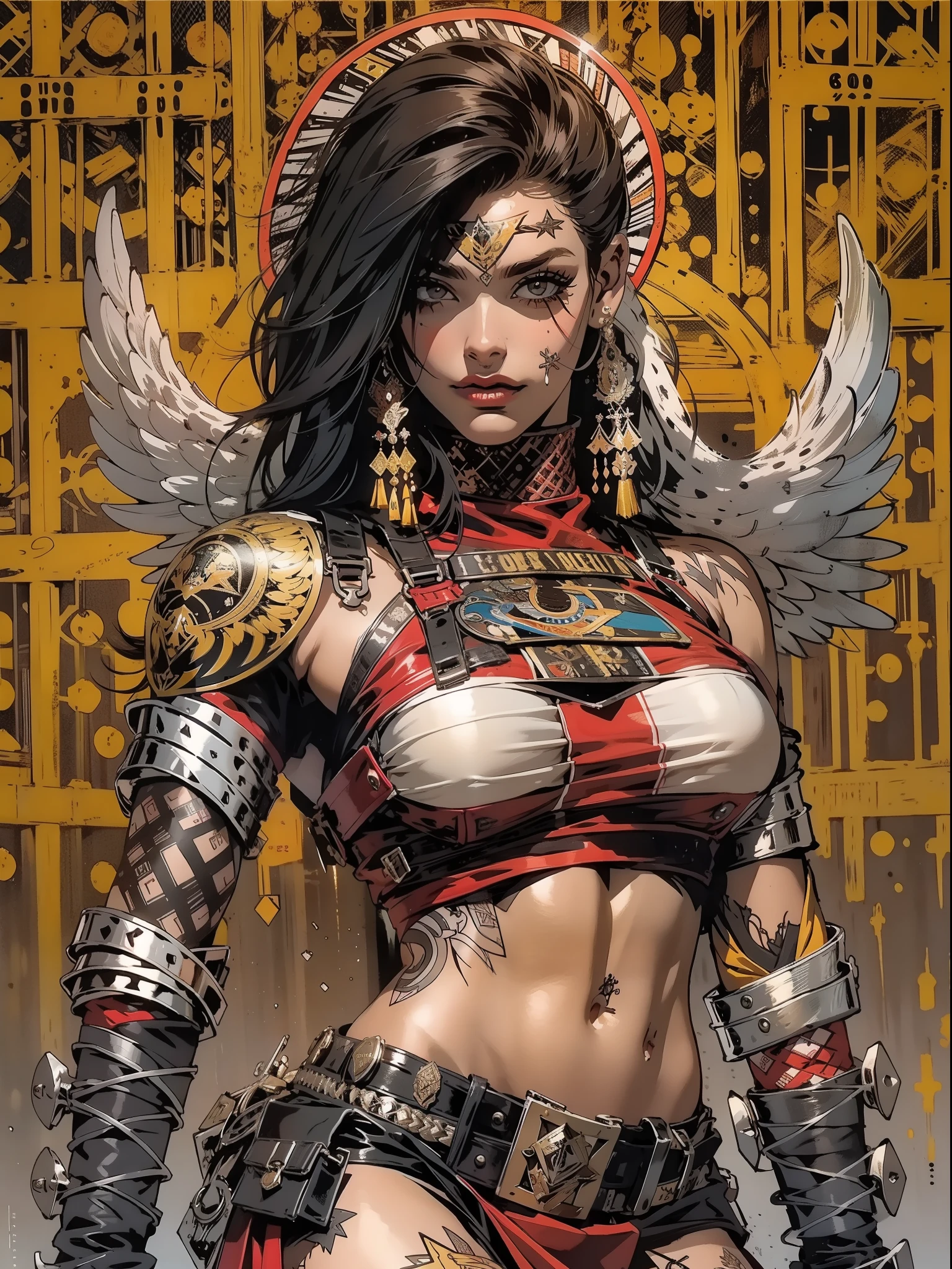 (((mulher))), (((melhor qualidade))), (((obra prima))), (((adulta))), Uma guerreira mulher de 35 anos com corpo perfeito, Brooklyn Gladiators, (( under boobs )), quase nua no estilo selvagem urbano de Simon Bisley para a capa da revista Heavy Metal, cabelo loiro, Minimum clothing, red and white checkered pattern, armadura, cheio de pontas e rebites, tatuagem tribal, (((do joelho pra cima))), cabelo desalinhado