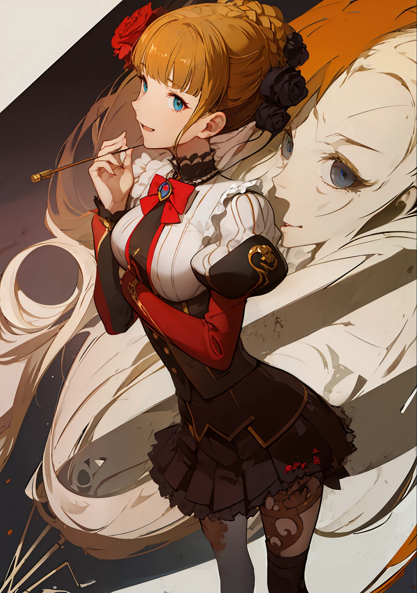 Beatrice(umineko),best qualtiy，Laugh evilly，超高分辨率，Detailed face，face photorealistic，Extremely beautiful eyes，Italian beauty，Golden Qi bangs，（High-density display：1.4），Sexual turn，one-girl，insanely details， Intricate details， Hyper-detailing， Soft cinematic light， exposure blend， High-density display，Pink polka dot bow，Danish bread, Silk rosette，Beatrice is from Umineko no Naku Koro ni, Detailed expressions，((Masterpiece))，best qualityer，超高分辨率，Detailed face, face photorealistic，Extremely beautiful eyes，Italian beauty，Golden Qi bangs，（High-density display：1.4），Sexual turn，one-girl，独奏，insanely details， Intricate details， Hyper-detailing， Soft cinematic light， exposure blend， High-density display ，Intense light and shadow，Glowing blue eyes，Light gold eyelashes，Gradient pupil color，high-heels，Be red in the face,Dark skirt，seductiv，Charming,goldtrim，smoking pipe，huge tit。Teacup in hand，laughing joyfully。