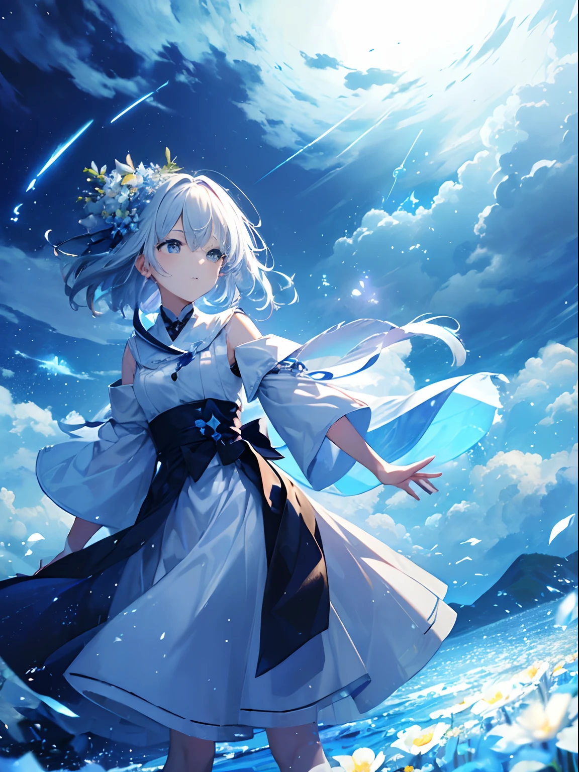 (((masterpiece)))、(((top-quality)))、((ultra-detailliert))、Spirit of the Coming Land、Wind Spirit、Wearing Dream-Inviting Flowers、Run under the blue sky、A Storm、(Spring storms)