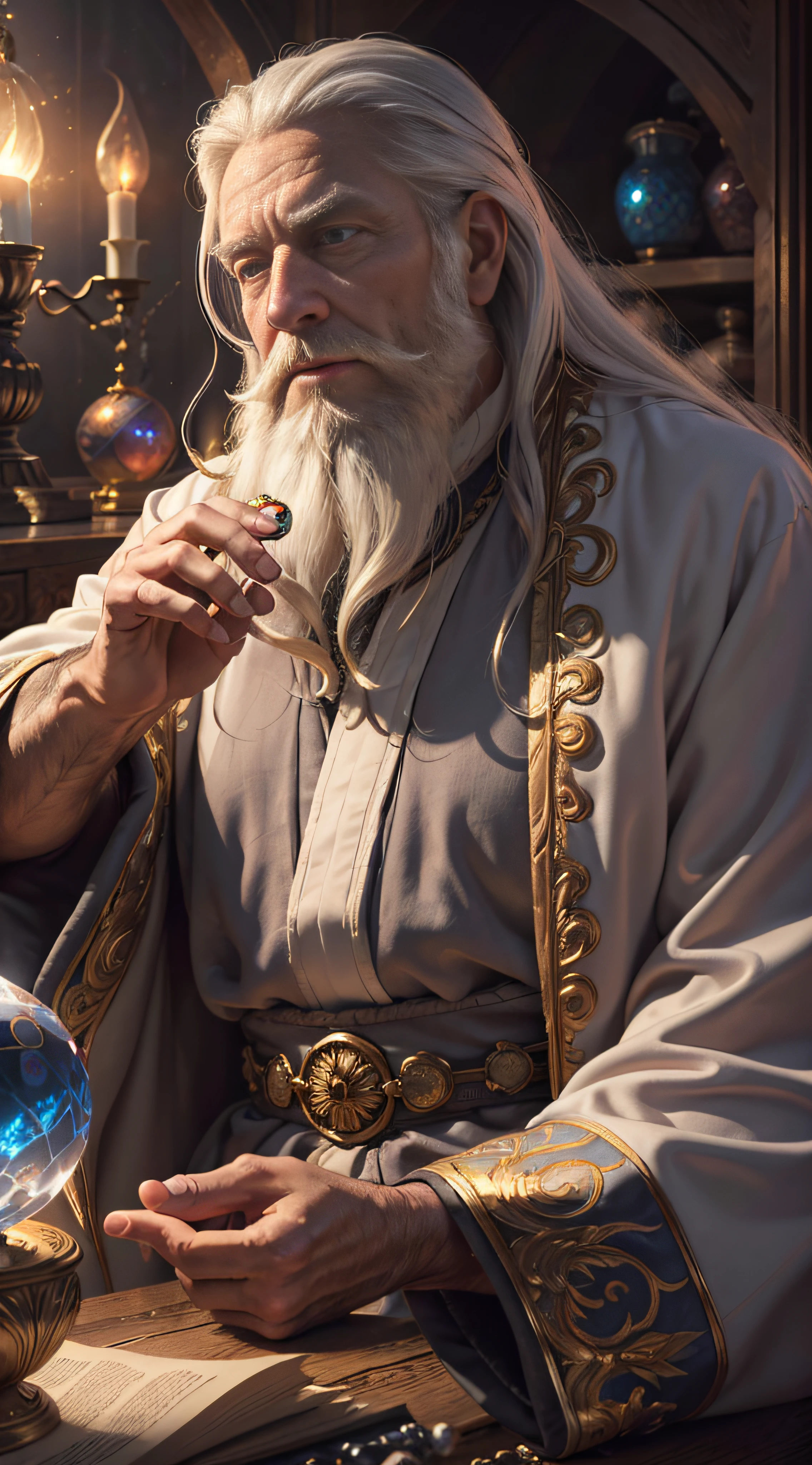 (Masterpiece:1.2), (Best Quality), Detailed, UHD, Cinematic Lighting, sharp focus, (illustration:1.1), intricate, Old Wizard with long white hair and beard, winkled face, wearing a wizard's grey robe, pondering a crystal ball, in a dimly lit room, magician's room, glowing lights, flickering lights,