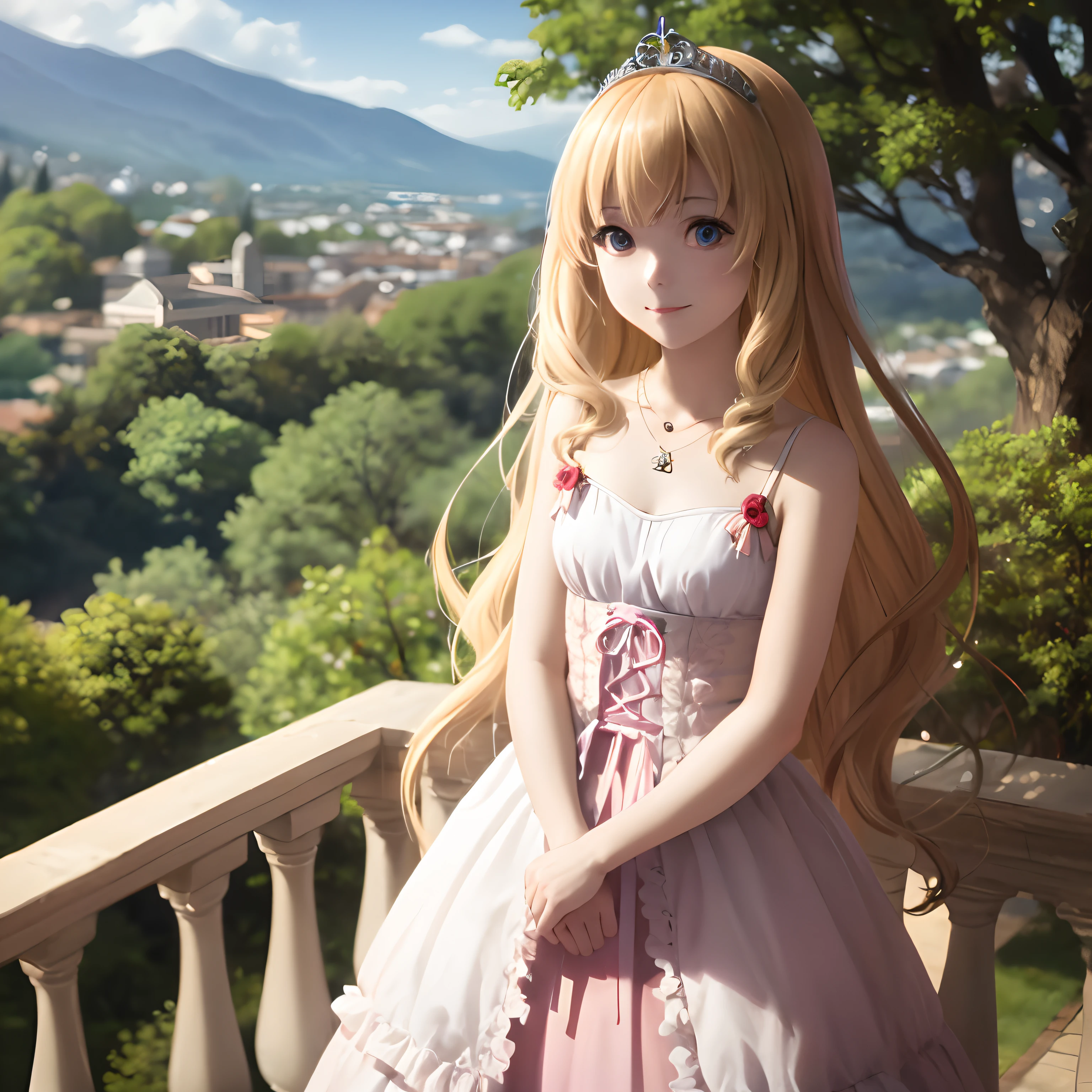 best quality, (masterpiece:1.2), highly detailed, day, outdoors,
1girl, solo, latifa fleuranza, closed mouth, smile, looking at the viewer, standing,
blonde hair, long hair, very long hair, blue eyes, tiara, pink dress, bare shoulders, gown, necklace, gloves