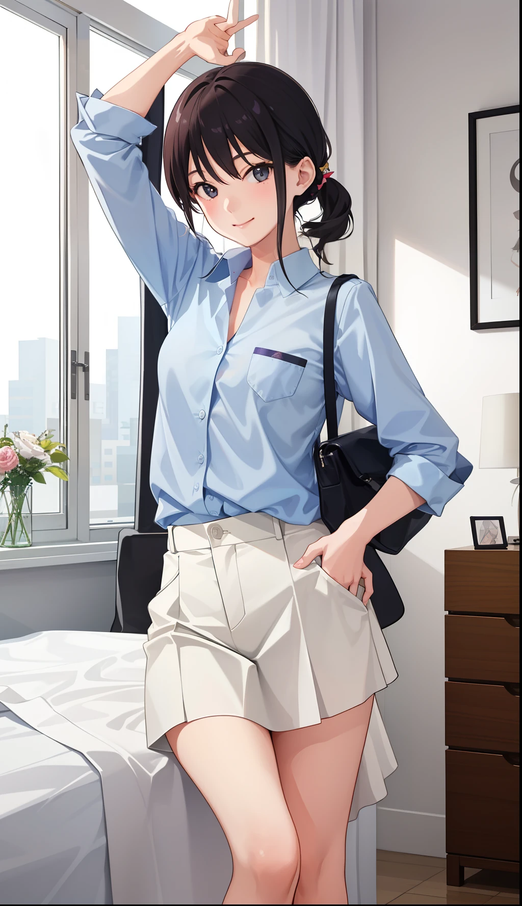 1girl in、A smile、Relax in your room、Wear only men's business shirts、（（small tits））、