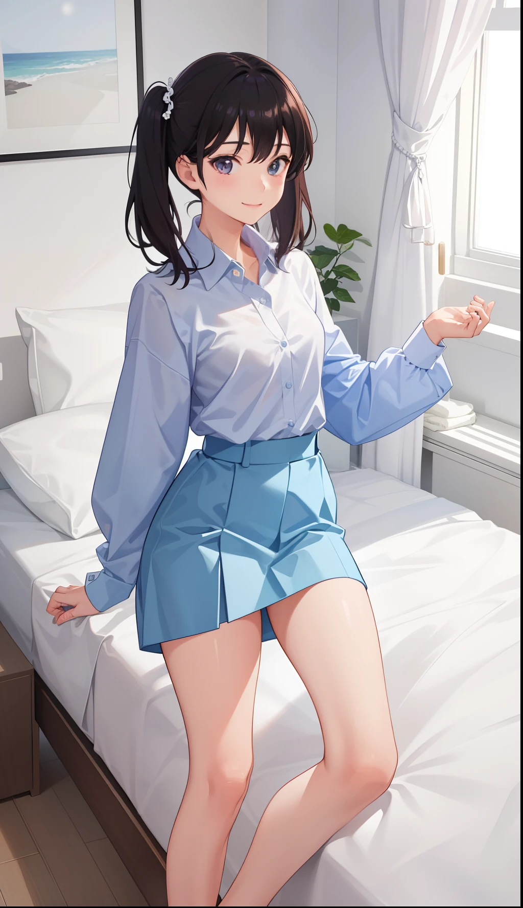 1girl in、A smile、Relax in your room、Wear only men's business shirts、((small tits))、
