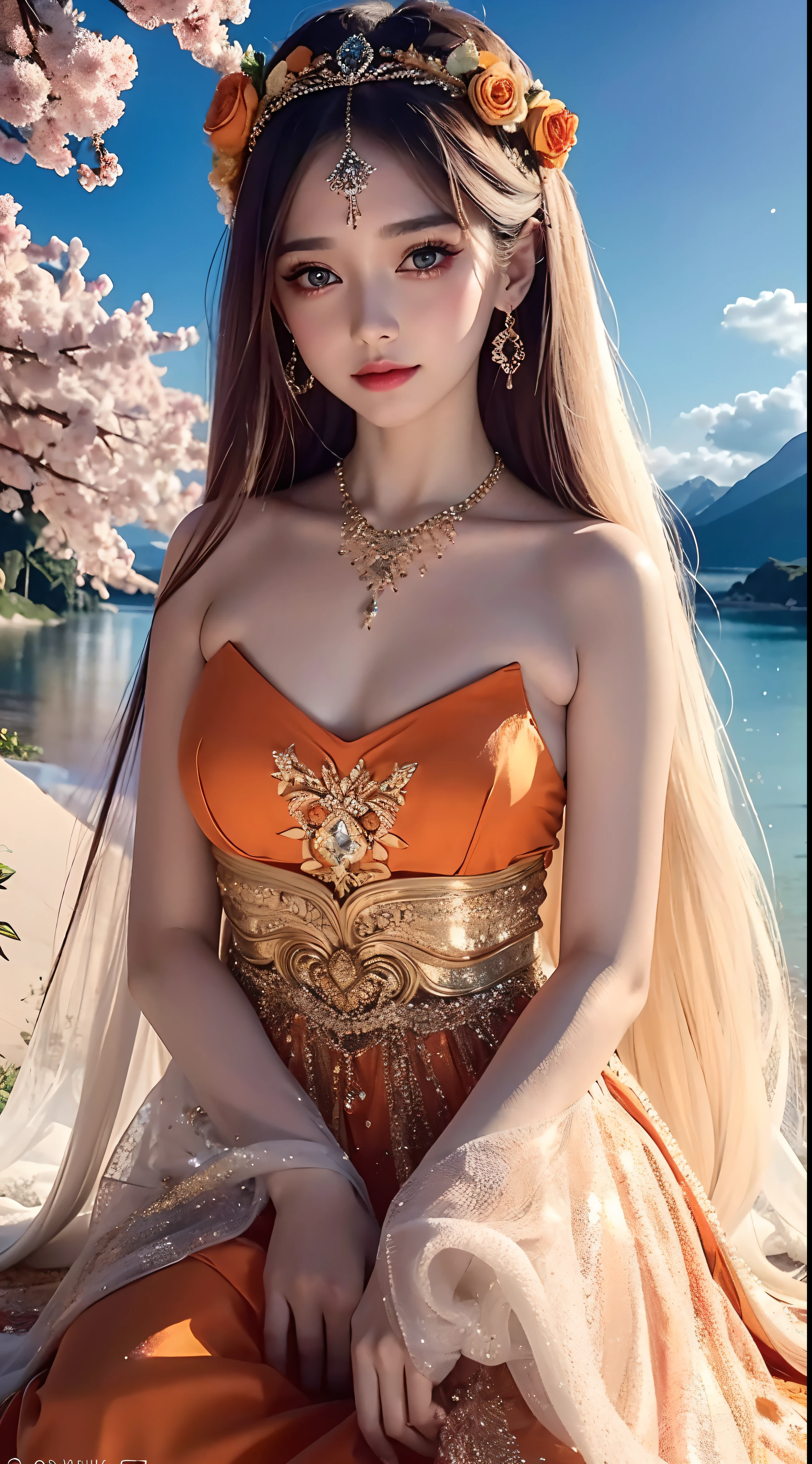 4K Ultra HD, Masterpiece, Cute little girl s, Nice face, Detailed Eyes, Liquid Lipstick, Long hair, Hair spreads, necklaces, beautiful dress, long dress, wedding dress, Orange color, highlights, lighting effects, glittering, realistic background, Natural background, blossom, sunlights, mountains, Full-body capture,