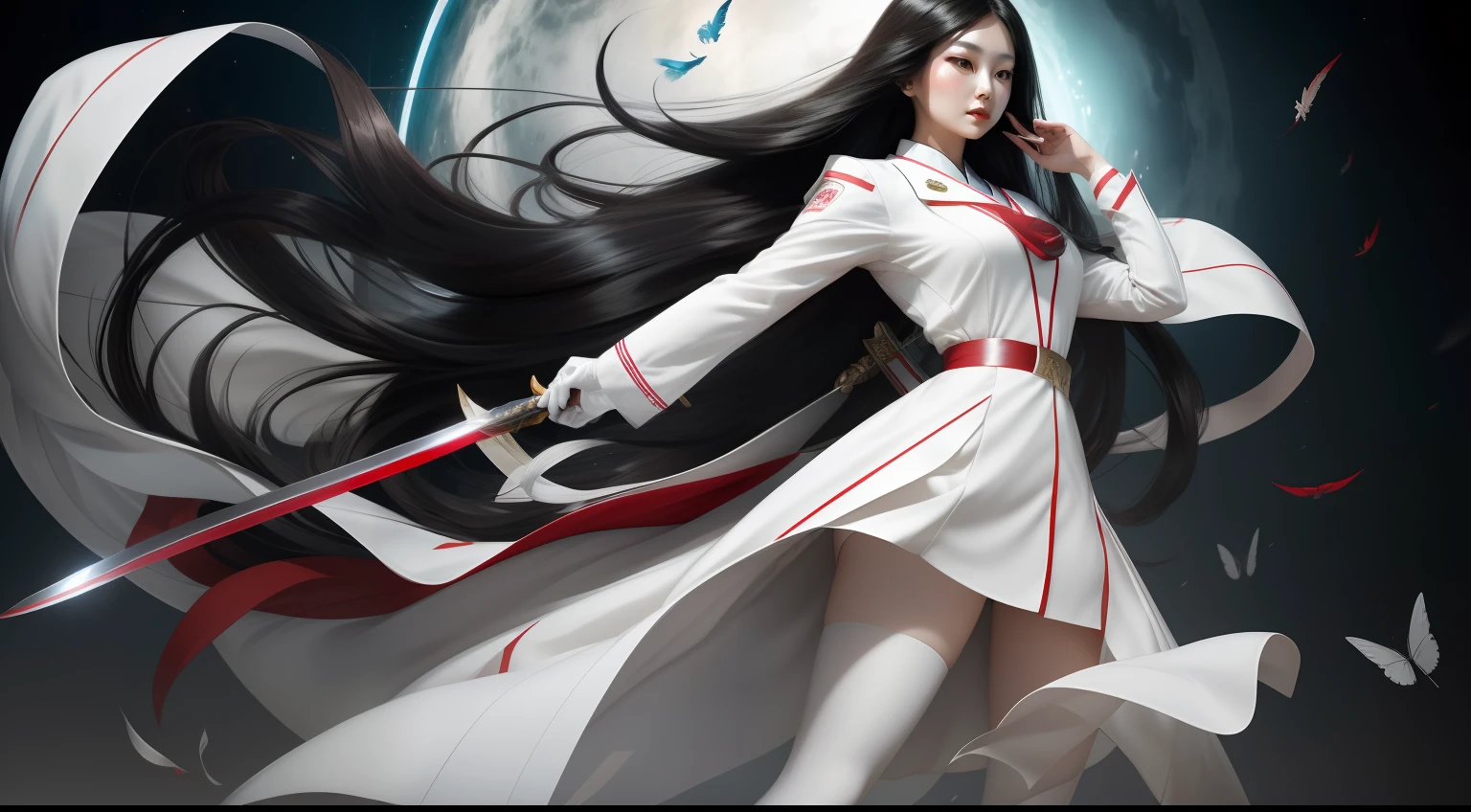 Beautiful woman in white coat、Long Black Hair、bangss、Princess Cut、Hair fluttering in the wind、red lipsticks、Female doctor with a Japan sword、Beautiful female doctor with Japan sword、３０Beautiful Japan woman of her years、8K high-resolution photos、fullbody image、White tights、high-heels、