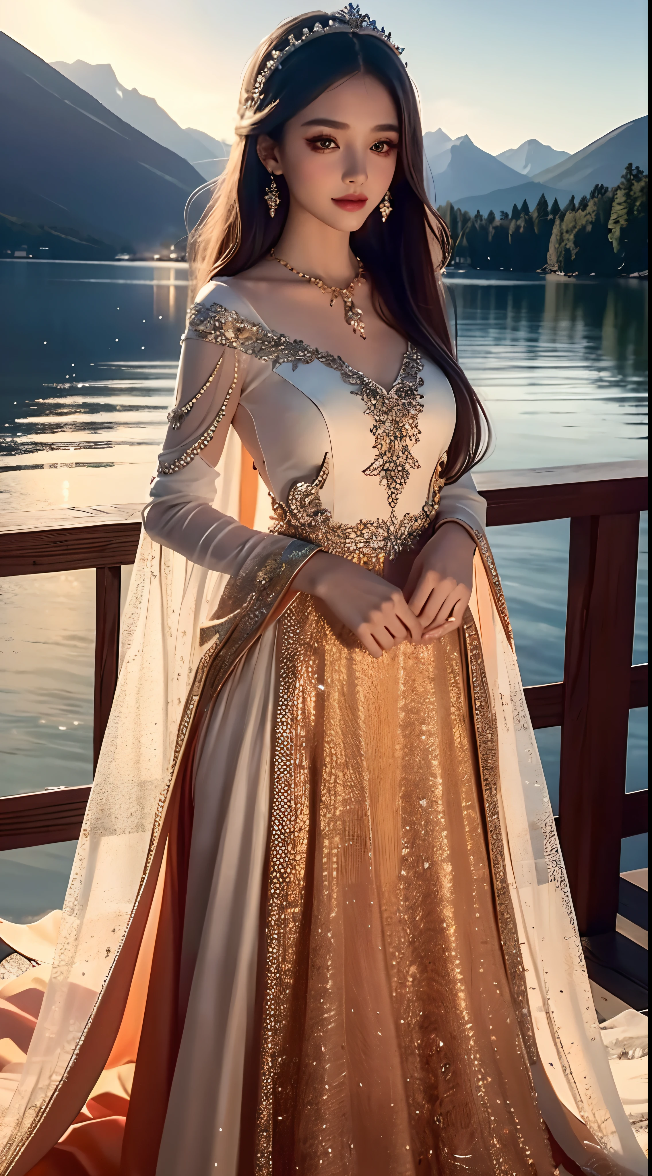 4K Ultra HD, Masterpiece, s, Nice face, Detailed Eyes, Liquid Lipstick, Long hair, Hair spreads, necklaces, beautiful dress, long dress, wedding dress, Orange color, highlights, lighting effects, glittering, realistic background, Natural background, blossom, sunlights, mountains, Full-body capture,