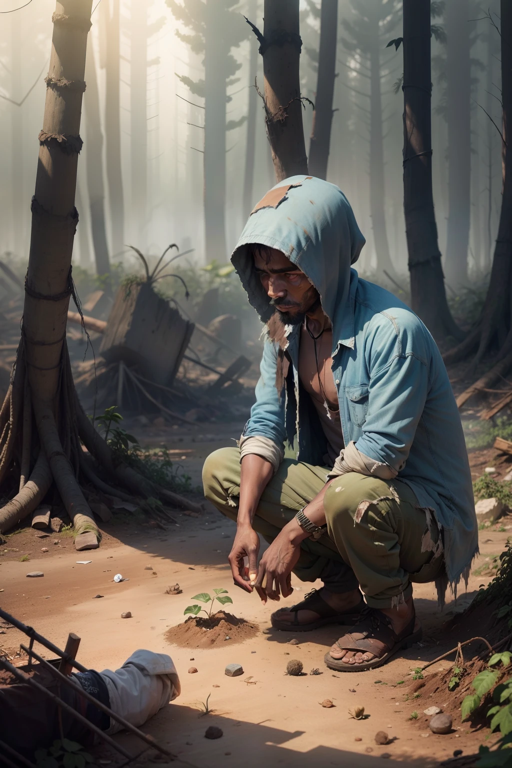 Man dressed in torn poor-looking clothes buried small plant in the ground in the background with the devastated and dusty forest